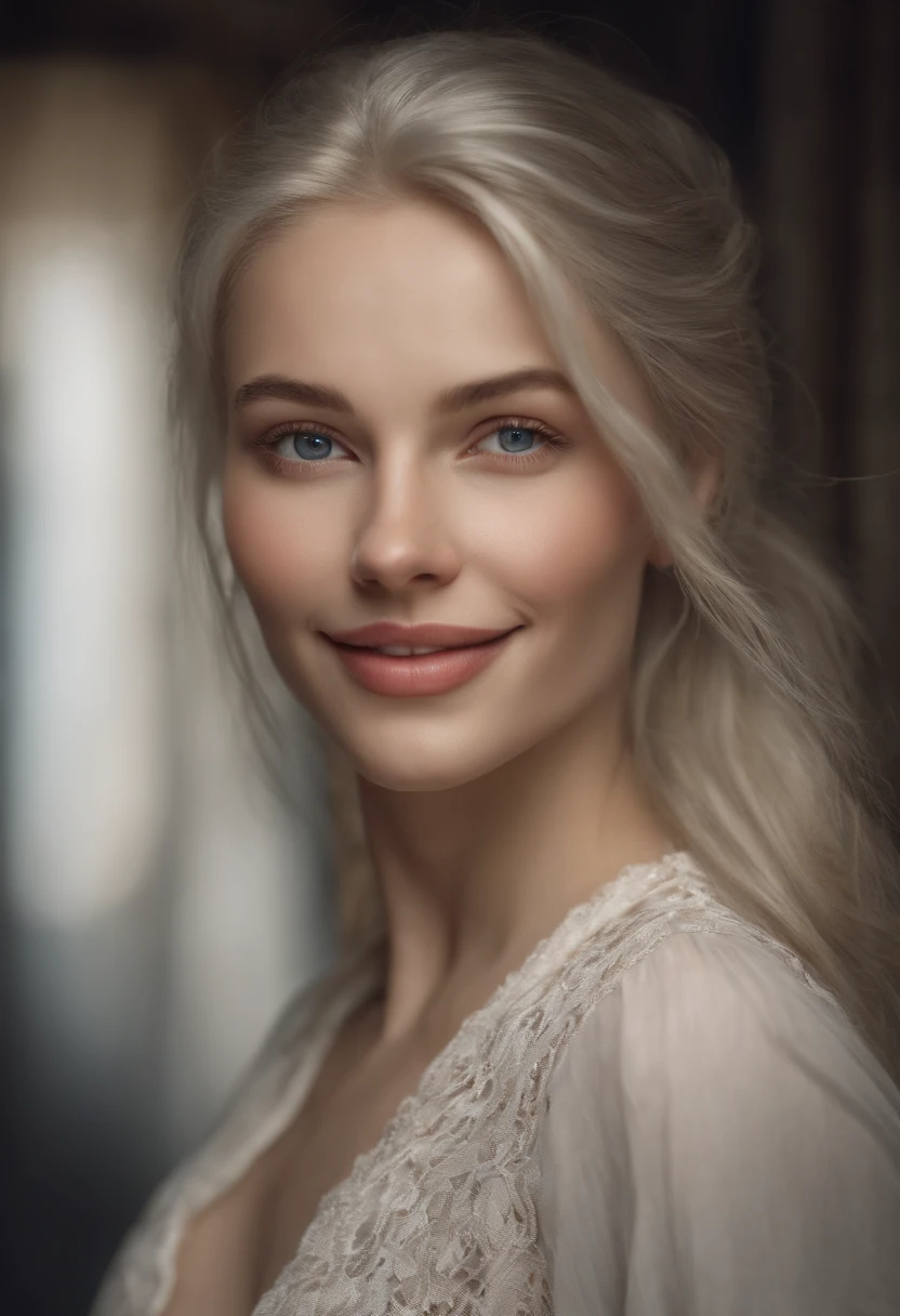 female face, , russian, 30 years, pale skin and freckles, gray eyes, delicate nose, Soft and delicate lips, Blondie Gray Hair, pony tail, ultra-realistic photorealistic HD captivating smile