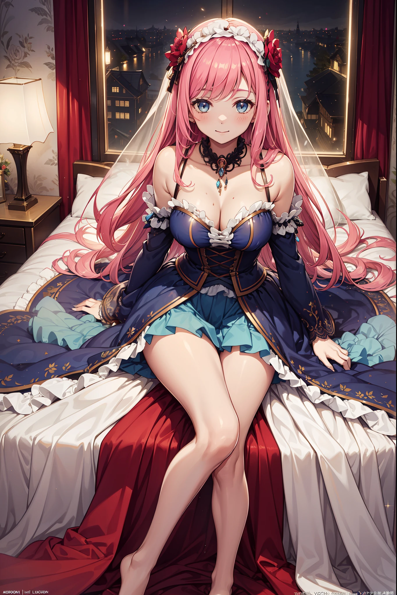 teens girl，Enchanted，Divine happiness，Being in love，(Light Victorian dress)，Pink hair，eBlue eyes，Maximalism，Multiple layers of delicate ruffles，Lots of lace，Multi-colored cloth，Delicate embroidery，Delicate pattern，Fabric headdress，exquisite costumes，see-through transparent clothes，Gorgeous interior scene with bed，the night，glittery，(Dazzle:1.1)，Movie lighting，the night，solo person，Fluttering skirt