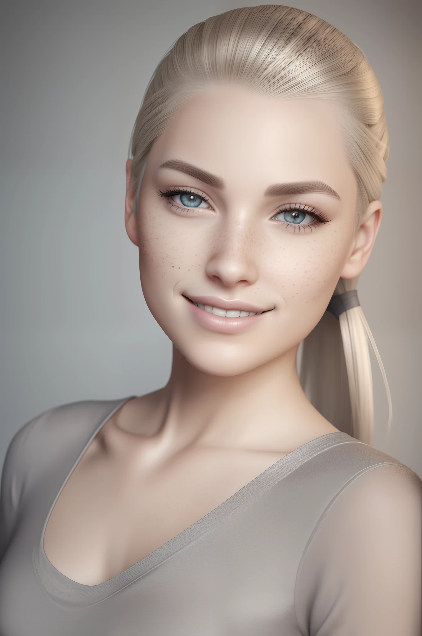 female face, American, 30 years, pale skin and freckles, gray eyes, delicate nose, Soft and delicate lips, Blondie Gray Hair, pony tail, ultra-realistic photorealistic HD captivating smile