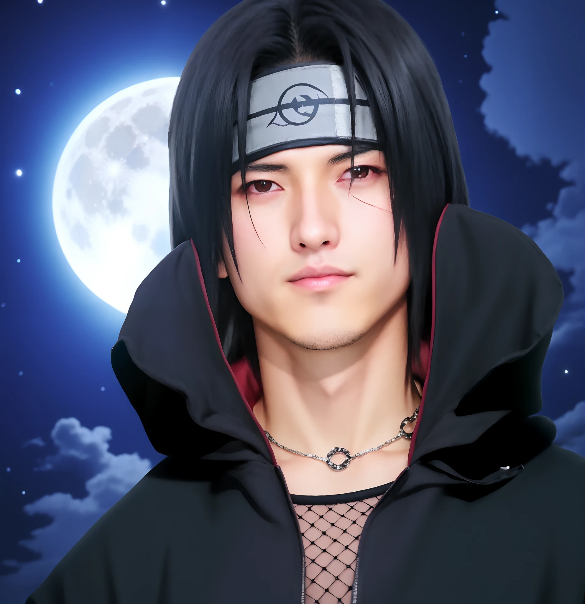 anime character with black hair and a hoodie with a full moon in the background, itachi uchiha, itachi, sasuke uchiha, itatchi uchiha, akatsuki akira, from naruto, realistic anime artstyle, takato yomamoto. 4 k, anime realism style, male anime style, sakimi chan