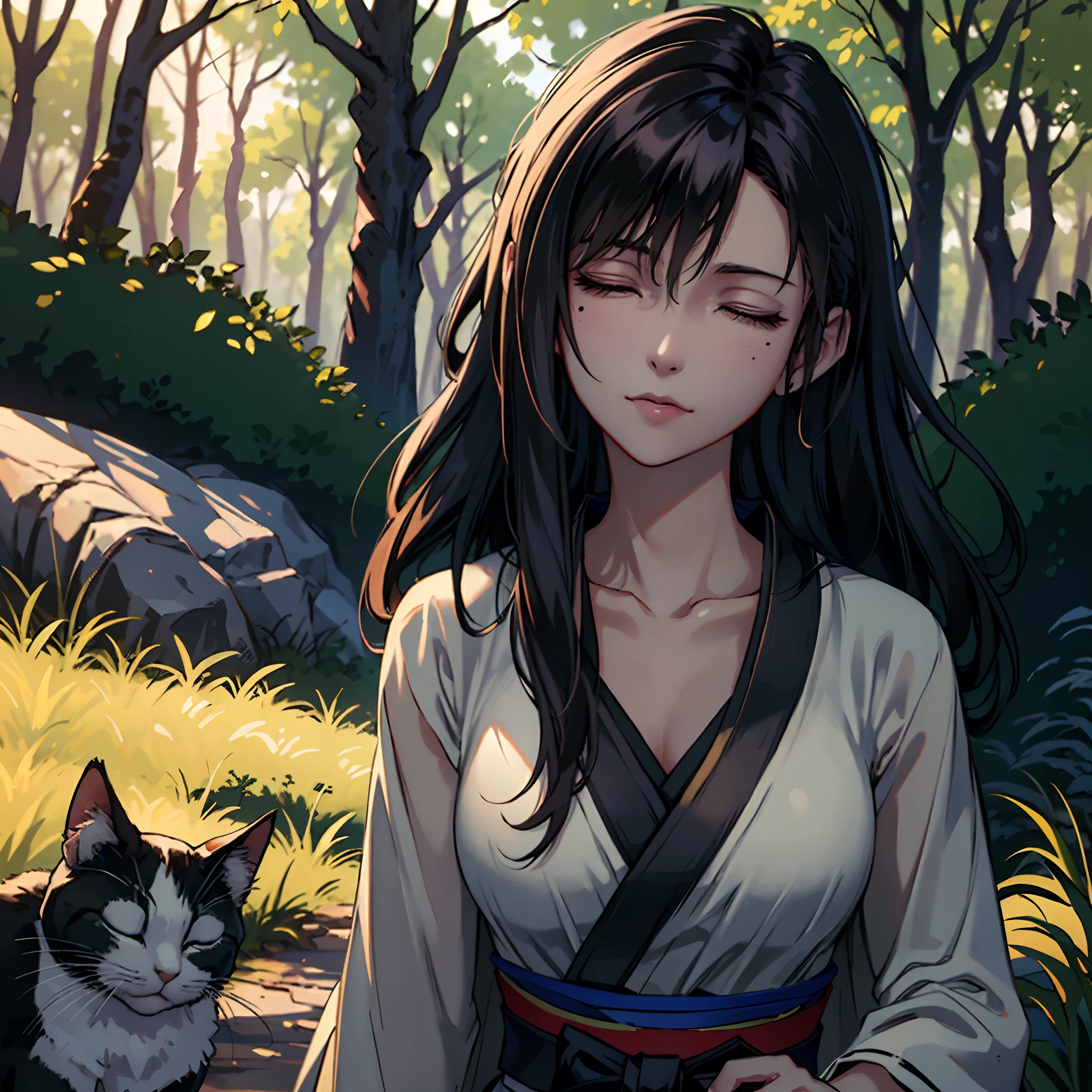 A brunette girl, Walk in the forest, wearing a hanfu, The ground is followed by cats, Moles under eyes, Semi-closed Eyes, Curly hair, Chiaroscuro, vanishing point, hyper HD, Best quality, A high resolution, 1080p, ccurate --auto