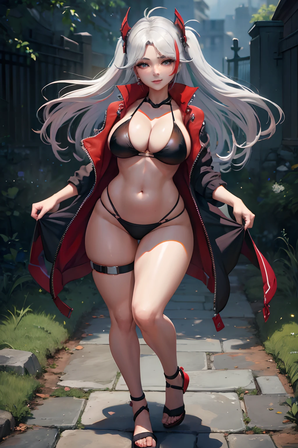 PrinzV4, 1girl, Solo, Long hair, White hair, Red hair, multicolored hair, striated hair, cleavage， breasts, Large breasts, underboob, cute ass，Lie on the ground，Looking at Viewer, Poses that emphasize breasts, Navel,  Bikini swimwear, Black swimsuit, Open jacket, Black jacket, Headgear, blushing, smile, smiling, beautiful detailed eyes, beautiful detailed girl, curvy:1.1, dynamic pose, fashion clothing with diverse colors, full body, (full body shot:1.1), looking at viewer, perfect eyes, perfect face, perfect retina, seductive look, sexy pose, ultra detail face, ultra detail hair, very detailed eyes and face, 8k wallpaper, amazing, ambient occlusion, best quality, CG, cinematic lighting, detailed painting, field of view, fine detail, fluid motion, harmony, (High Quality:1.4), high resolution, huge file size, illustration, interconnected elements, Intricate Details, masterpiece , movie lighting, photorealistic lighting, (photorealistic:1.4), professional artwork, (raw photo:1.2), realistic shadows, reflective art, sharp focus, solo, super detailed, unified, very detailed, (vibrant colors:1.05), vivid lighting, warm and cool color palette,