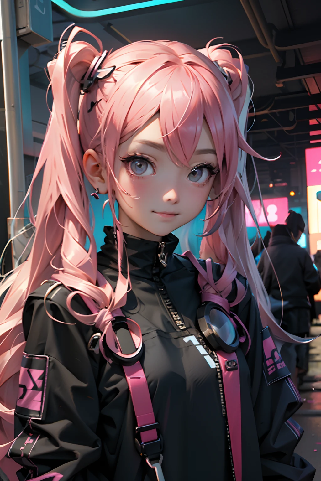 Beautiful woman pink twin tail long hair、cyberpunk style short clothes、gazing at viewer、front facing、A slight smil、hawaii