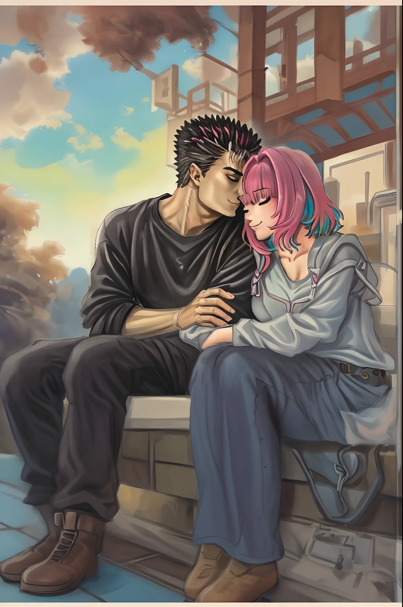 riamu,guts,couple,husband and wife,love dovey couple,sitting,hug,kiss,smile,masterpiece:1.2,ultra-detailed,realistic:1.37,portraits,vivid colors,warm tones,soft lighting