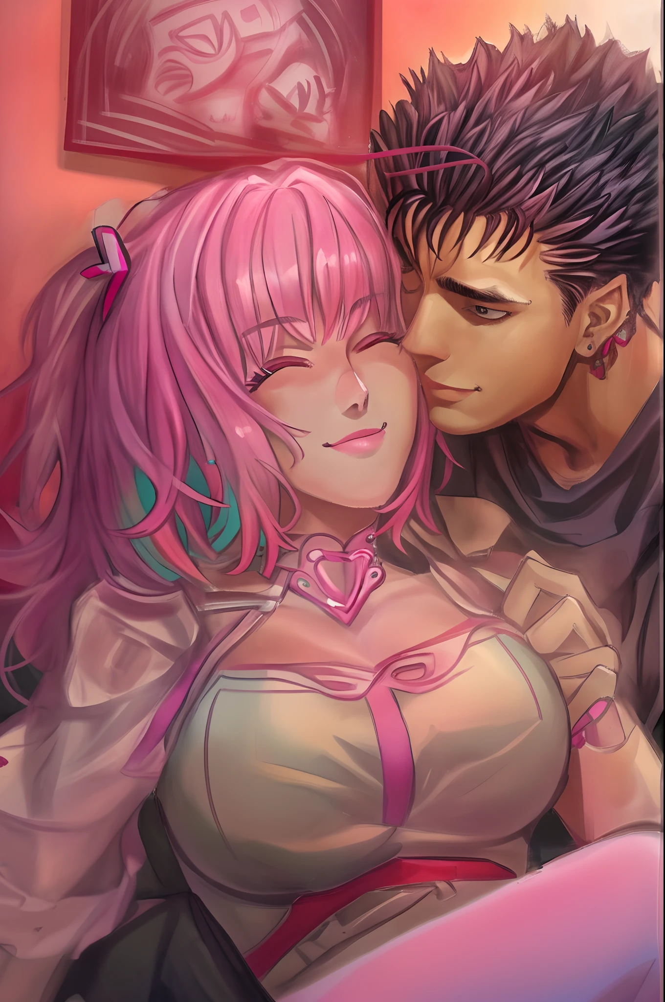 riamu,guts,couple,husband and wife,love dovey couple,sitting,hug,kiss,smile,masterpiece:1.2,ultra-detailed,realistic:1.37,portraits,vivid colors,warm tones,soft lighting