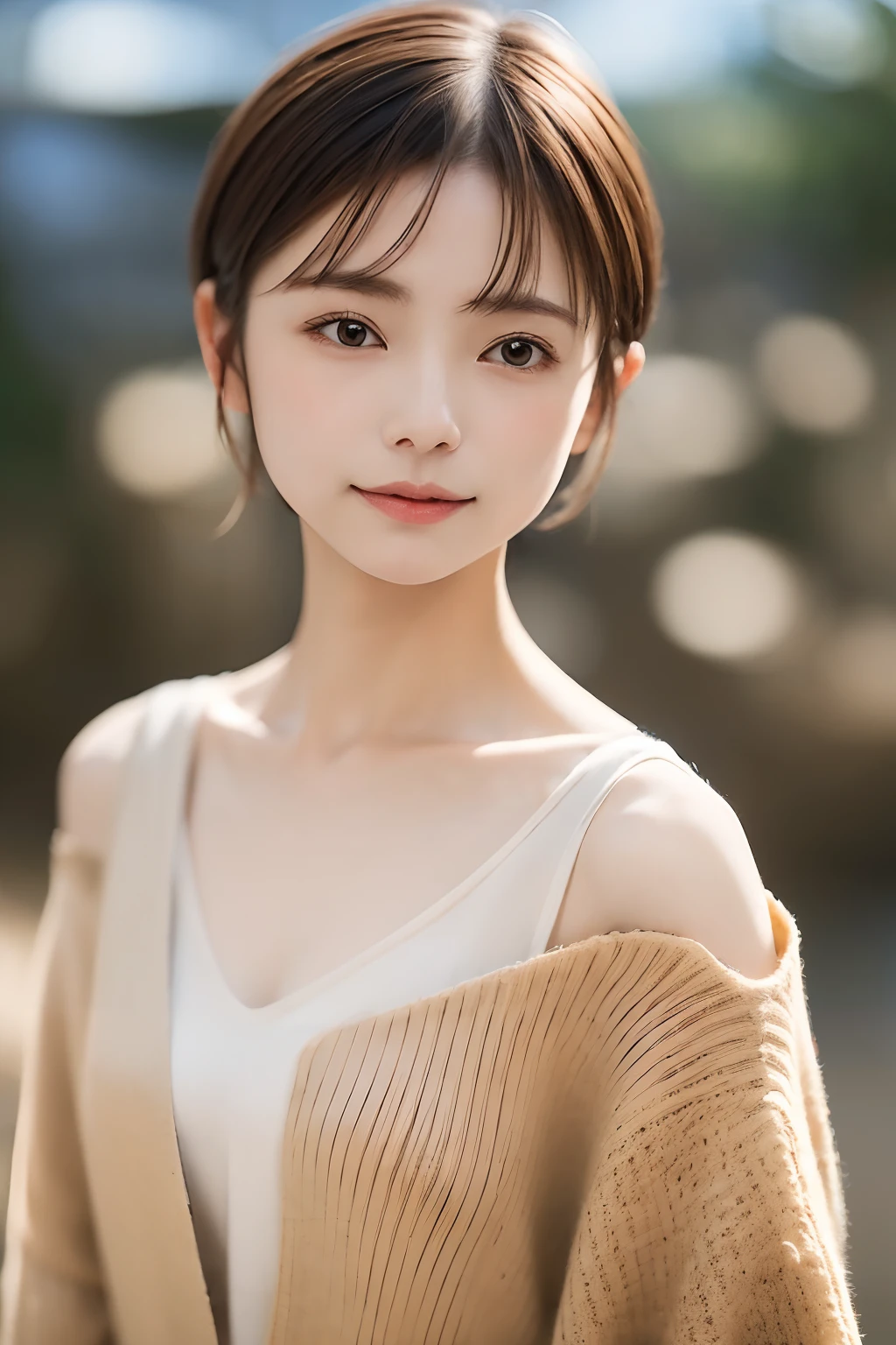 parfect anatomy、top-quality、masuter piece、ultra-detailliert、8k、独奏、1 girl in、Short Bob、Shoulder knitwear、Beautiful collarbone、Cute look、(((The background is blurry and you can't see anything:1.3)))