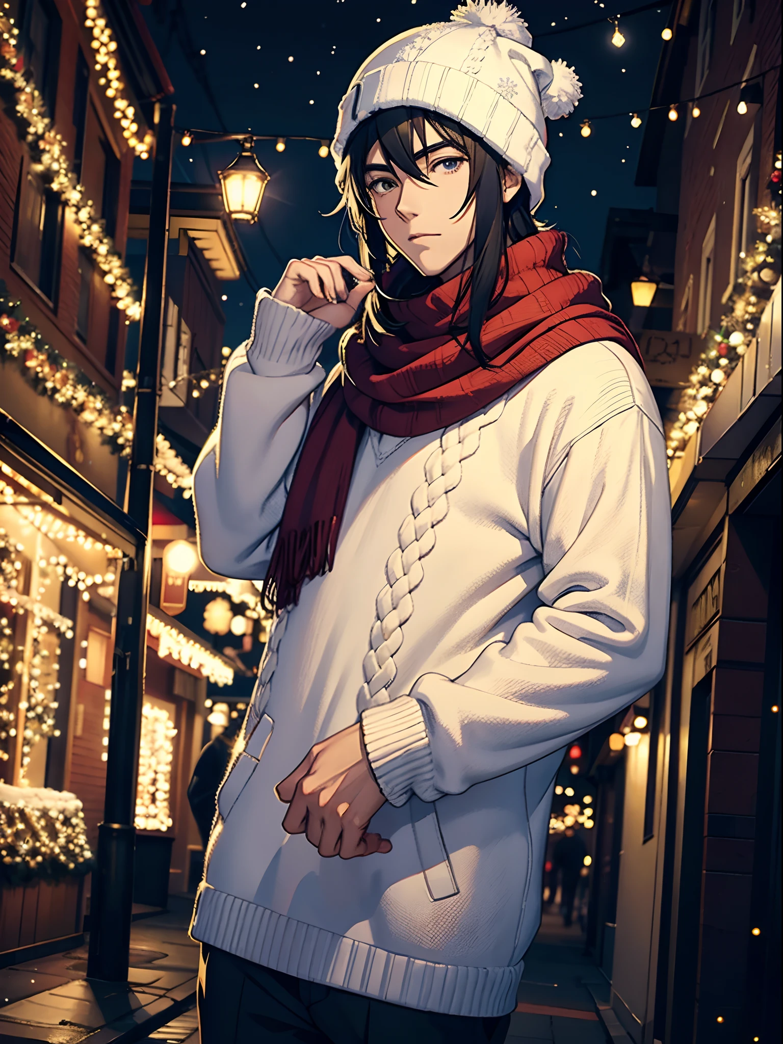 Anime handsome guy, Christmas lights, street, snowflakes, beanie, Oversized knitted items