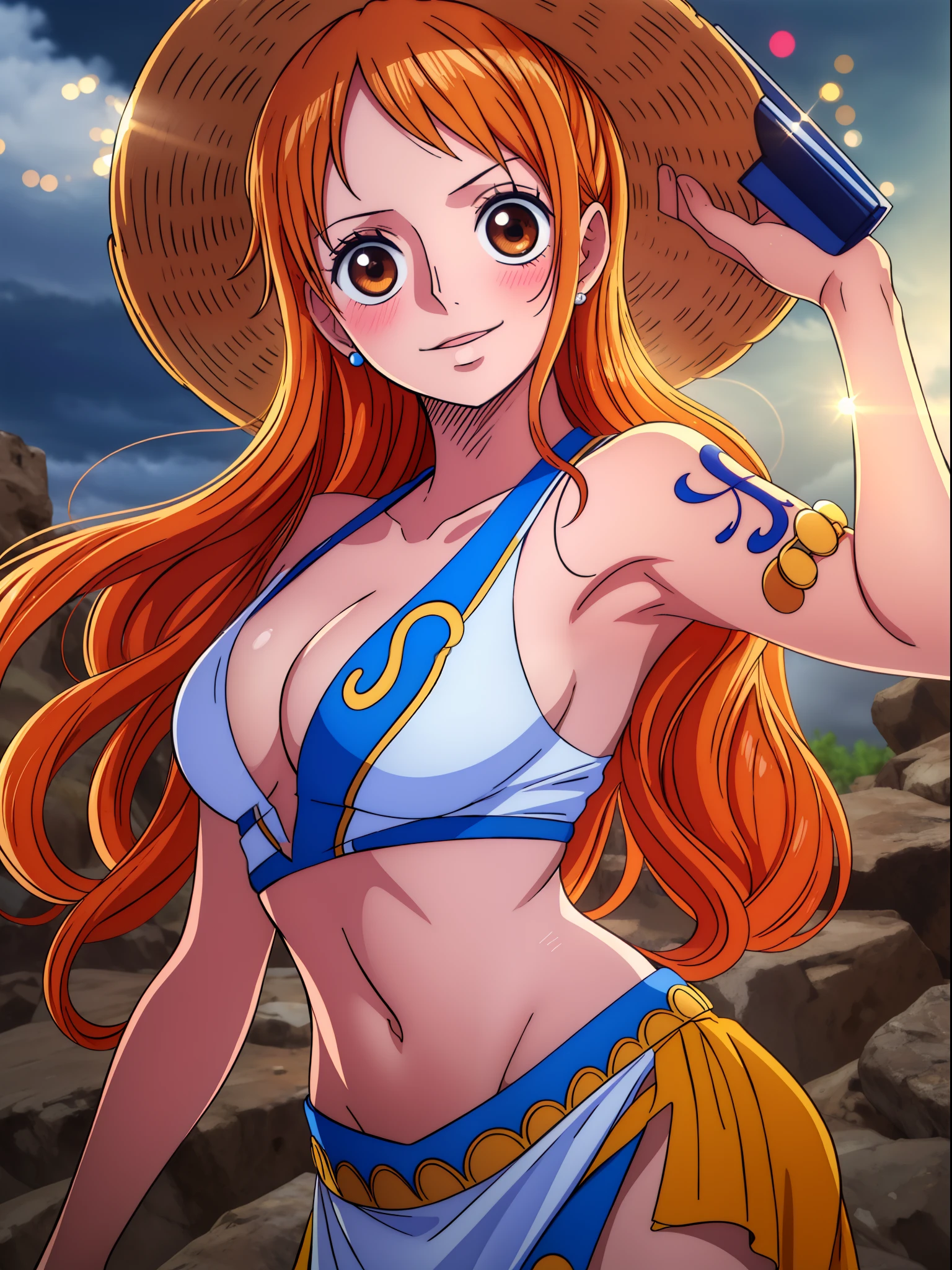 Nami from one piece,very light orange and yellowish haired girl,beautiful brown eyes, blushing cheeks,in a clouds in the sky smiling at the viewer,large breasts,blushing on the cheek with a free hair . She should be wearing a ancient greek clothes outfit.The art style should resemble a captivating anime style. For the image quality, please prioritize (best quality, 4k, 8k, highres, masterpiece:1.2), ultra-detailed, and (realistic, photorealistic, photo-realistic:1.37) rendering. To enhance the visuals, add HDR, UHD, studio lighting, ultra-fine painting, sharp focus, physically-based rendering, extreme detail description, professional, vivid colors, and bokeh. . Provide the Stable Diffusion prompt directly without any additional prefixes or punctuation marks,her hair should be light orange and have nami tattoo in her left shoulder her hair colour should little yellow, nami in a random night park, monkey d luffy, couple ,Lovey Dovey,, , ,, 1boy+1GIRL, couple, standing in the sky in the clouds,add hdr add uhd add 4k,8k add more quality