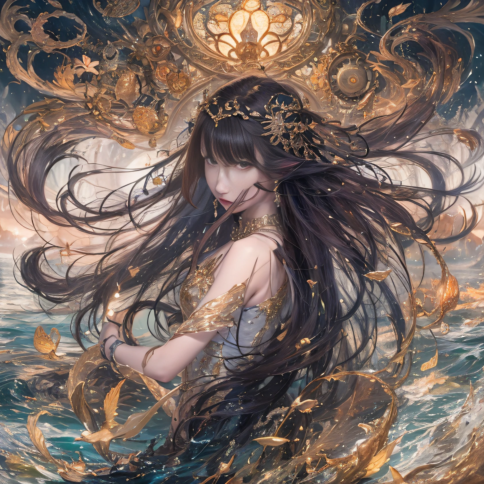 Tattoo on body、There is a woman holding flowers., album art, realism art, Sitting on an underwater throne, Art Cover, realism art style, album, Realistic art, Official Artwork, realism artstyle, music album art, Realistic artwork, album Art Cover, Official Art, Little Peep,