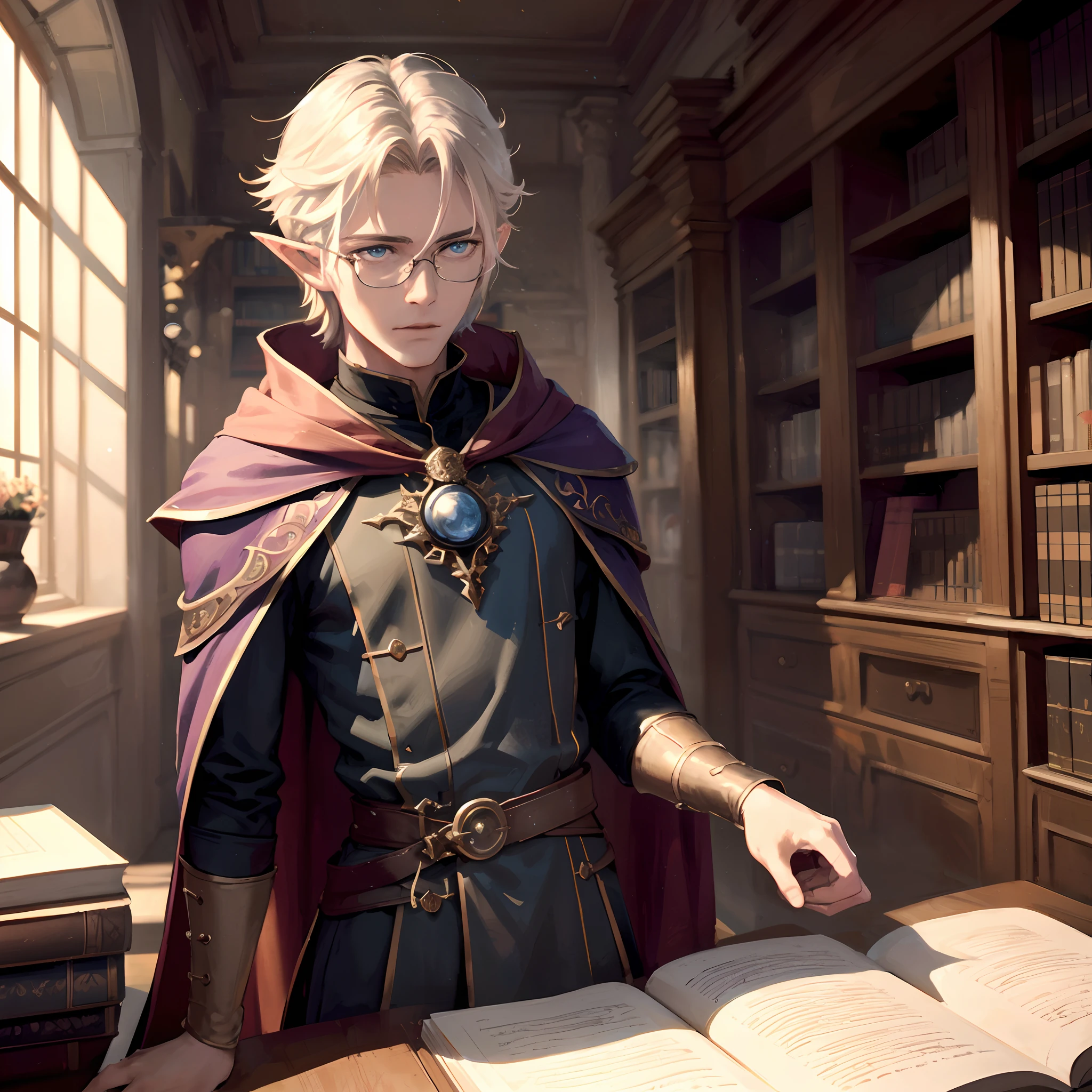Blonde man in medieval dress standing in front of open book, portrait of a young elf wizard, casimir art, a portrait of a male elf, thin young male alchemist, male artificer, portrait of magical blond prince, portrait of a mage, rpg book portrait, closeup portrait of an mage, 2. 5 d cgi anime fantasy artwork