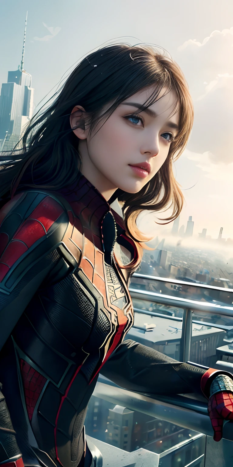 (1girl:1.3), Solo, (((Very detailed face)))), ((Very detailed eyes and face)))), Beautiful detail eyes, Body parts__, Official art, Unified 8k wallpaper, Super detailed, beautiful and beautiful, beautiful, masterpiece, best quality, original, masterpiece, super fine photo, best quality, super high resolution, realistic realism, sunlight, full body portrait, amazing beauty, dynamic pose, delicate face, vibrant eyes, (from the front), She wears Spider-Man suit, red and black color scheme, spider, very detailed city roof background, rooftop, overlooking the city, detailed face, detailed complex busy background, messy, gorgeous, milky white, highly detailed skin, realistic skin details, visible pores, clear focus, volumetric fog, 8k uhd, DSLR, high quality, film grain, fair skin, photo realism, lomography, futuristic dystopian megalopolis, translucent ,