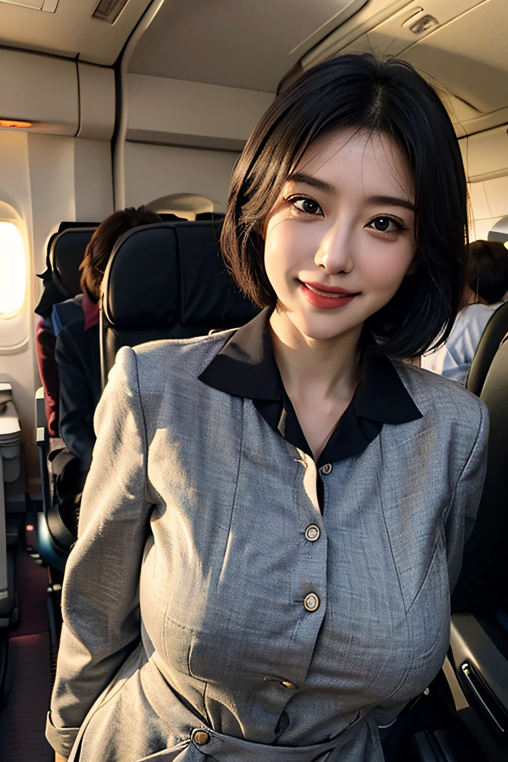 (1 Ultimate Beautiful Mature Woman), Solo, (Cabin Attendant Uniform:1.3), Smile, (fluffy brown eyes), (Beautiful face), (Black short hair), Huge breasts, (Detailed face), Detailed lips, Detailed face, Detailed chest, detail, Perfect body, Standing, Cowboy Shot, ((Background: On the plane of the Japan airline)), 8K, of the highest quality, Intricate details, Ultra Detail, Ultra High Resolution, masutepiece,