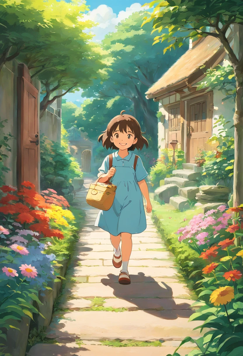 5-year-old girl is smiling, walking on the garden path, A round-eyed cat followed.