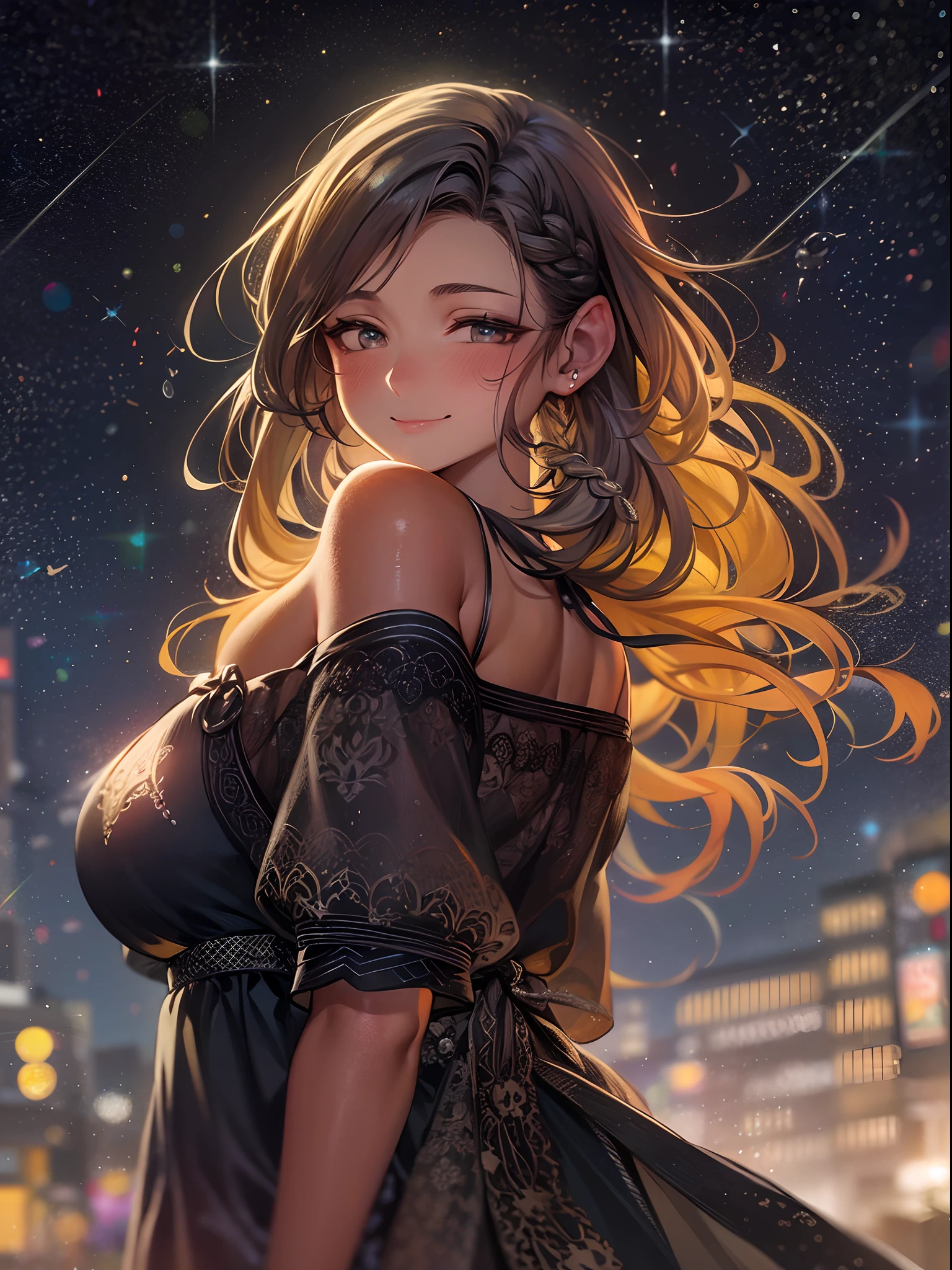 Woman posing under the stars in orange dress, Best Quality, 1 Adult sister, large full breasts, day, Bright, blur backgroun, Bokeh, plein air, (Street:0.8), (People, Crowds:0.8), (Off shoulder dress:1.2), Gorgeous, (Braided bangs:1.2), Beautiful detailed sky, (Dynamic Pose:1.2), Soft lighting, Wind, Shiny skin, (Upper body:0.8), (hitornfreckles:0.8), mole under mouth,Gentle smile,