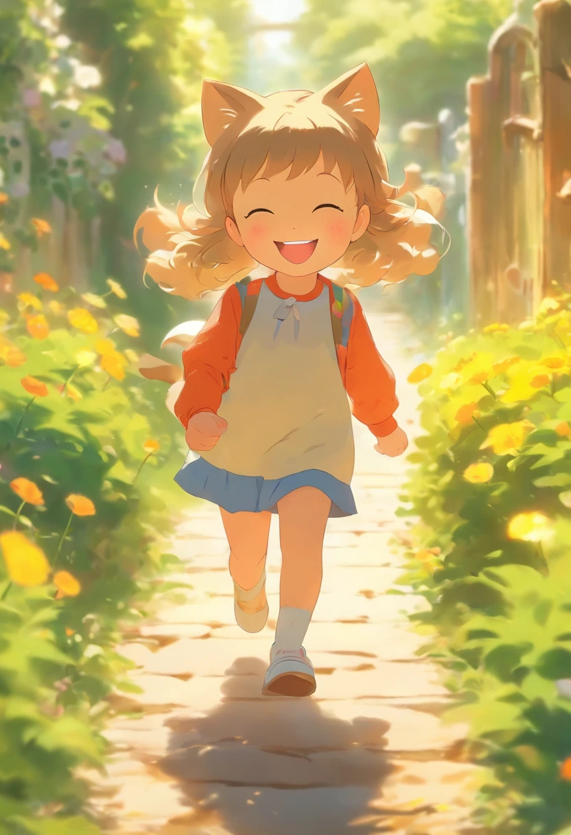 5--old l is smiling, walking on the garden path, A round-eyed cat followed.