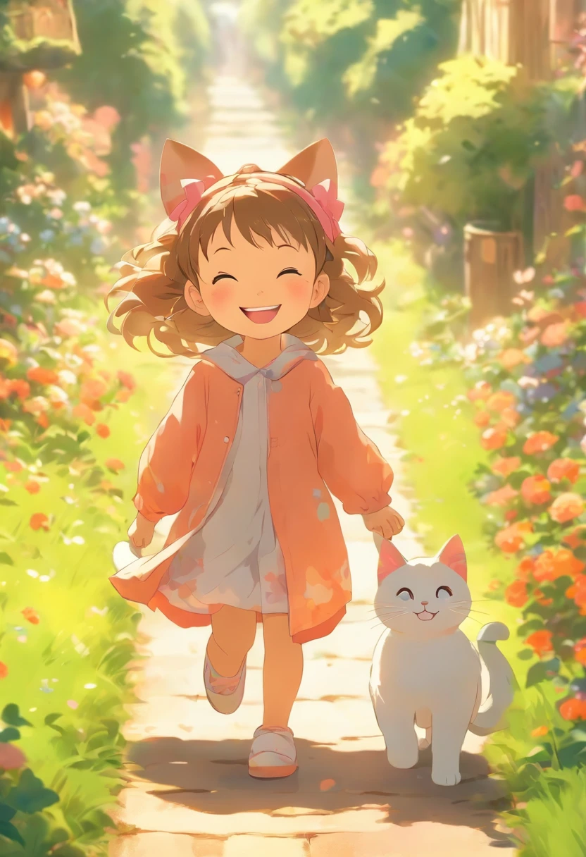 5-year-old girl is smiling, walking on the garden path, A round-eyed cat followed.