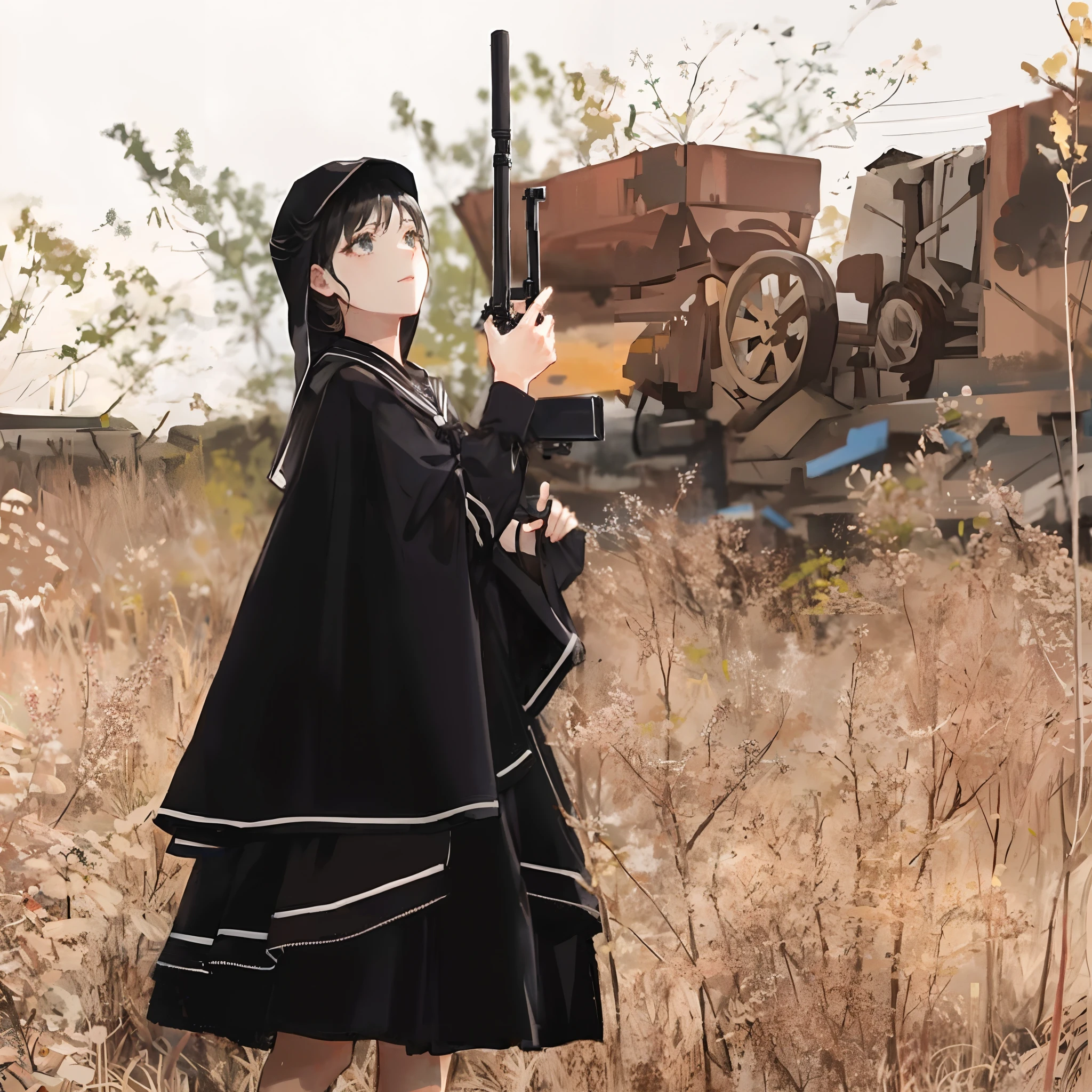 there is a woman in a black cape holding a gun, black traveling cloak, classical witch robe, classical witch, with a long black cape, anime girl cosplay, wearing black clothes and cape, detailed gothic cloak, hanfu, black gothic lolita dress, black round hood and cloak, black cloak, loose coat collar sailor uniform, anime girl wearing a black dress