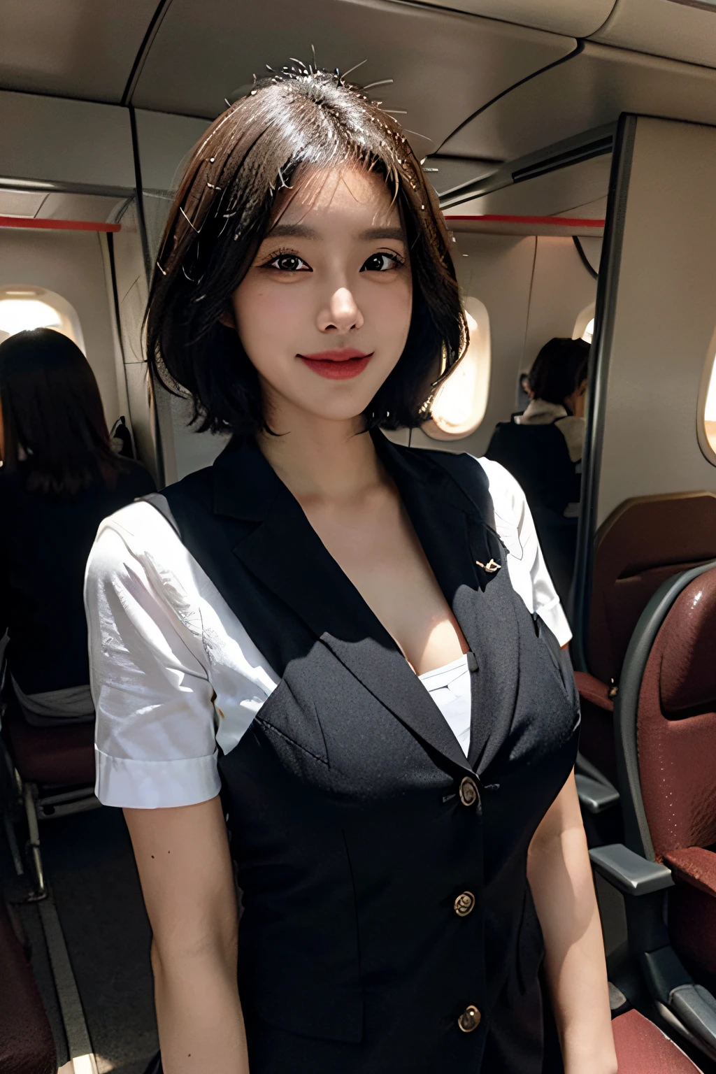 (1 Ultimate Beautiful Mature Woman), Solo, (Cabin Attendant Uniform:1.3), Smile, (fluffy brown eyes), (Beautiful face), (Black short hair), Huge breasts, (Detailed face), Detailed lips, Detailed face, Detailed chest, detail, Perfect body, Standing, Cowboy Shot, ((Background: On the plane of the Japan airline)), 8K, of the highest quality, Intricate details, Ultra Detail, Ultra High Resolution, masutepiece,