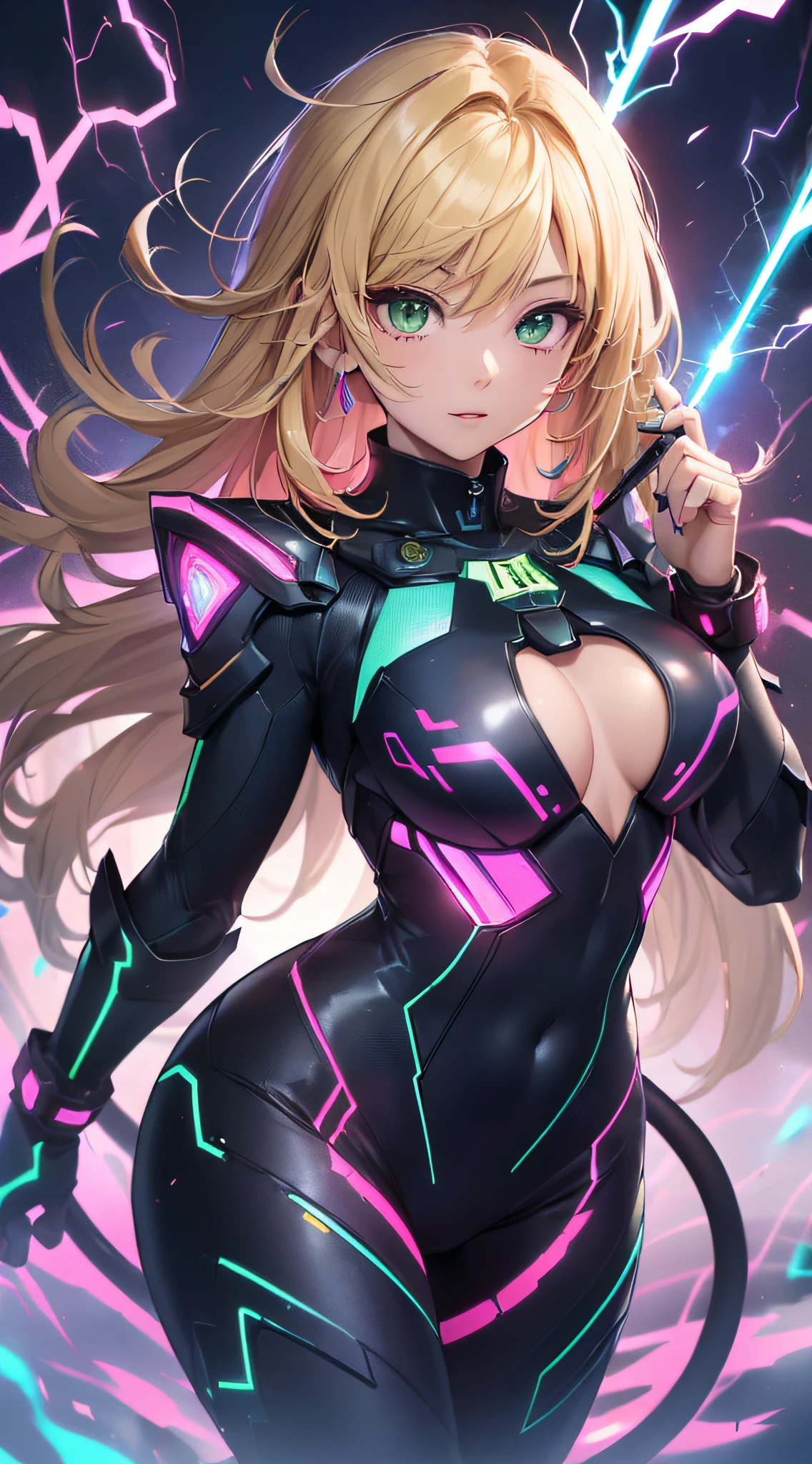 top-quality、Top image quality、masterpiece、Android Girl((18year old、Red, Black and blue glowing cybersuit、Blue energy source for the chest,Best Bust、Bust 90、Blonde Away Tail、Blue-green eyes、open chest wide、Valley、Happiness、A slender、Warlike face、Stand at the front、Countless cable connections throughout the body、Particles of light、Sharp claw arm))hiquality、Beautiful Art、Background with((Blue lighting、Green particles、Red Laser Pointer、Purple swirl,Yellow flash、Pink lightning))、masutepiece、Elaborate design、visualart、Theatrical films