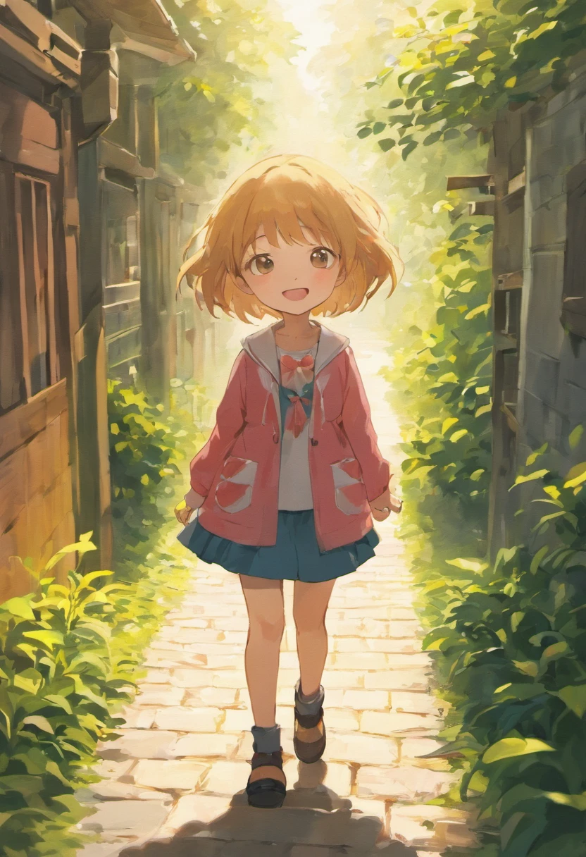 5-year-old girl is smiling, walking on the garden path, A round-eyed cat followed.