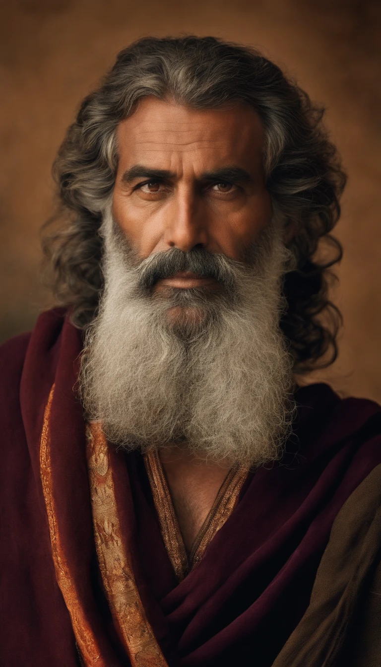 "Half-body photo of a wise and imposing man, de 40 anos, magro, barbudo e com cabelos grisalhos, with a serious expression and an air of experience. highes definition. Inspiration of ancient Greek man."