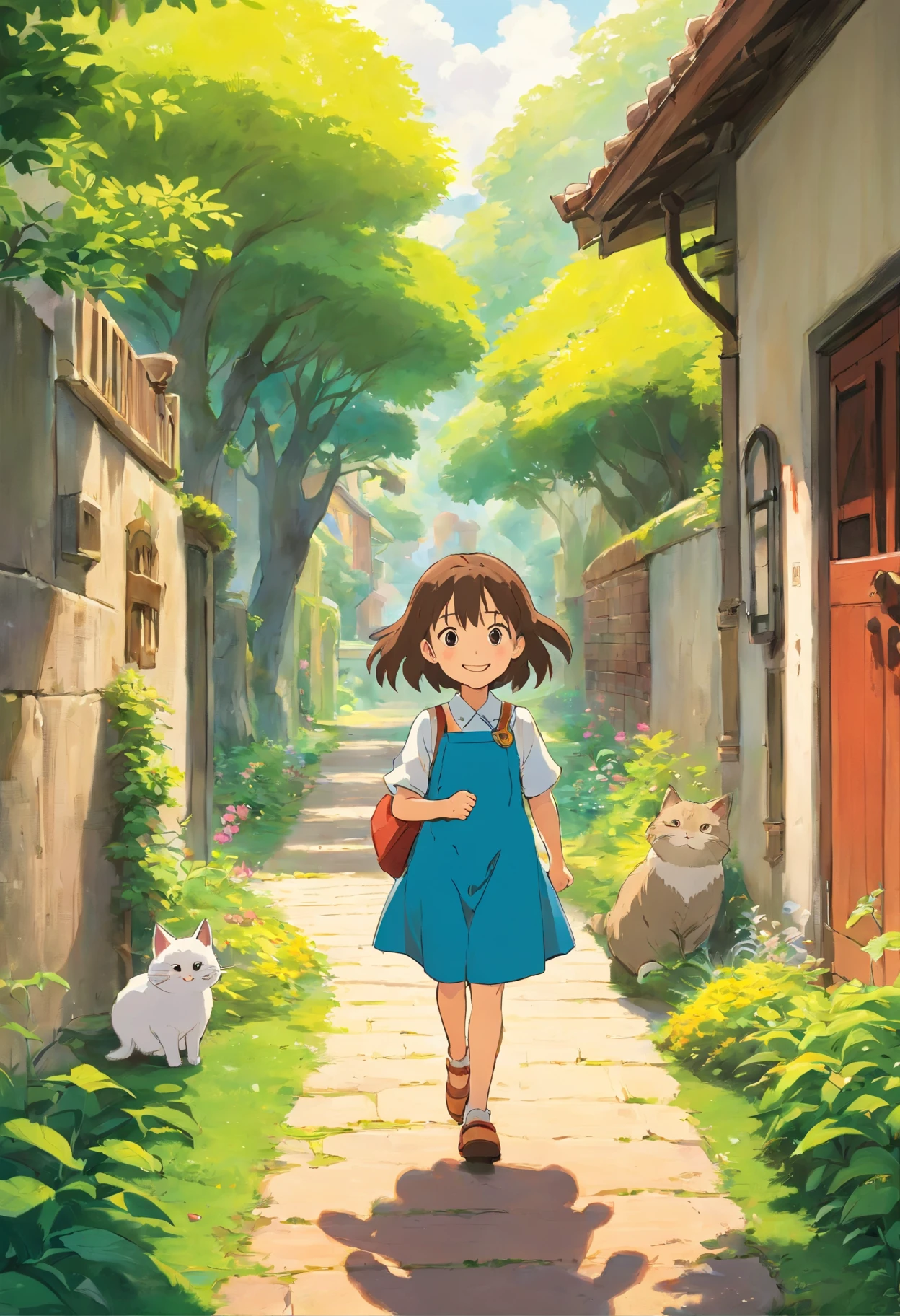 5-year-old girl is smiling, walking on the garden path, A round-eyed cat followed.