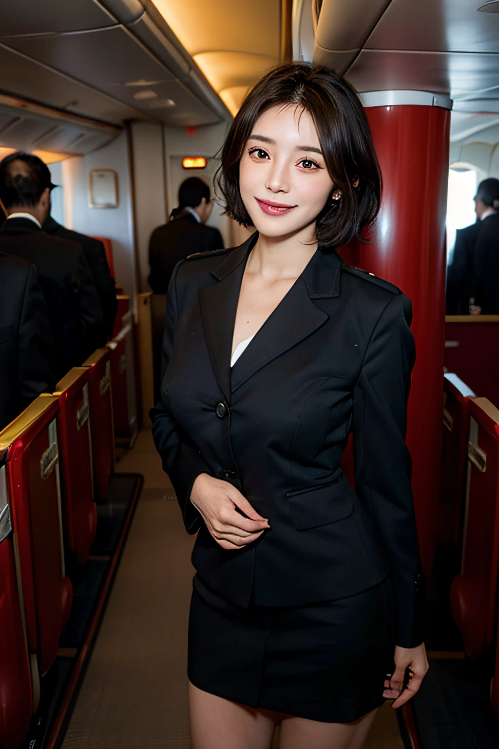highest quality、masterpiece、Super high resolution、(Photoreal:1.4)、16k、RAW photo、((cabin attendant))、1people、stewardess、extraordinary beauty、full body esbian、plane、(((sexy costume))、((Reveal uniforms))、Very heavy chest、cleavage、short cut hairstyle 、japanese women、Photoreal、beautiful and fine eyes、hyper realism、high contrast、Ultra HD、realistic skin texture、best image quality、highest quality、Super high resolution、small details、very politely