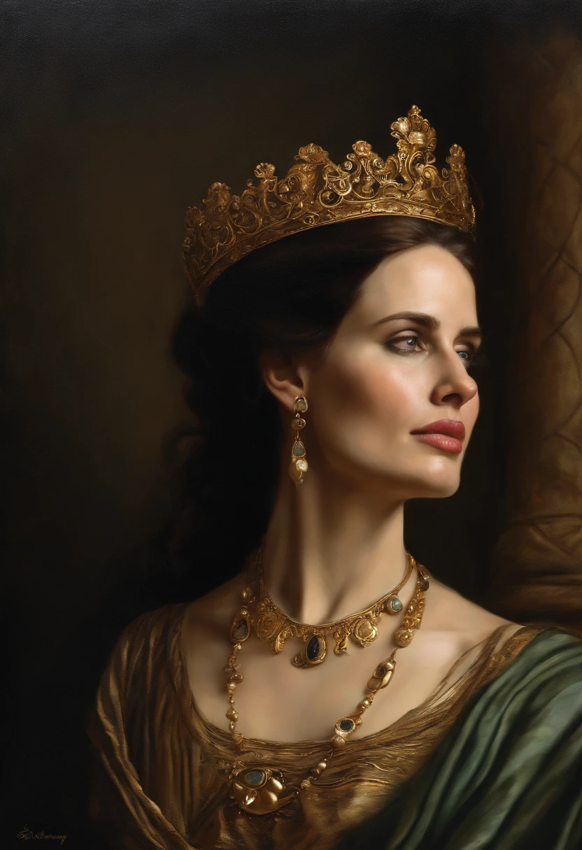 saint george realist human ultra realist, inspired by eva green , angelina jolie ,kaya scuderio, greek , ancient woman , ancient necklace, tiara on head, ancient jewlery, dark light, oil painting, old ancient painting, old medival painting, oil painting scratch by time,