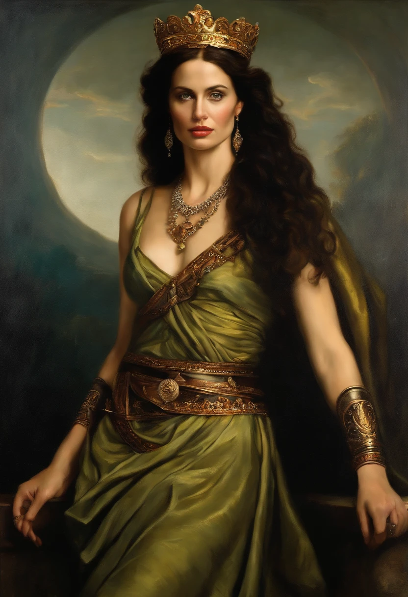 saint george realist human ultra realist, inspired by eva green , angelina jolie ,kaya scuderio, greek , ancient woman , ancient necklace, tiara on head, ancient jewlery, dark light, oil painting, old ancient painting, old medival painting, oil painting scratch by time,