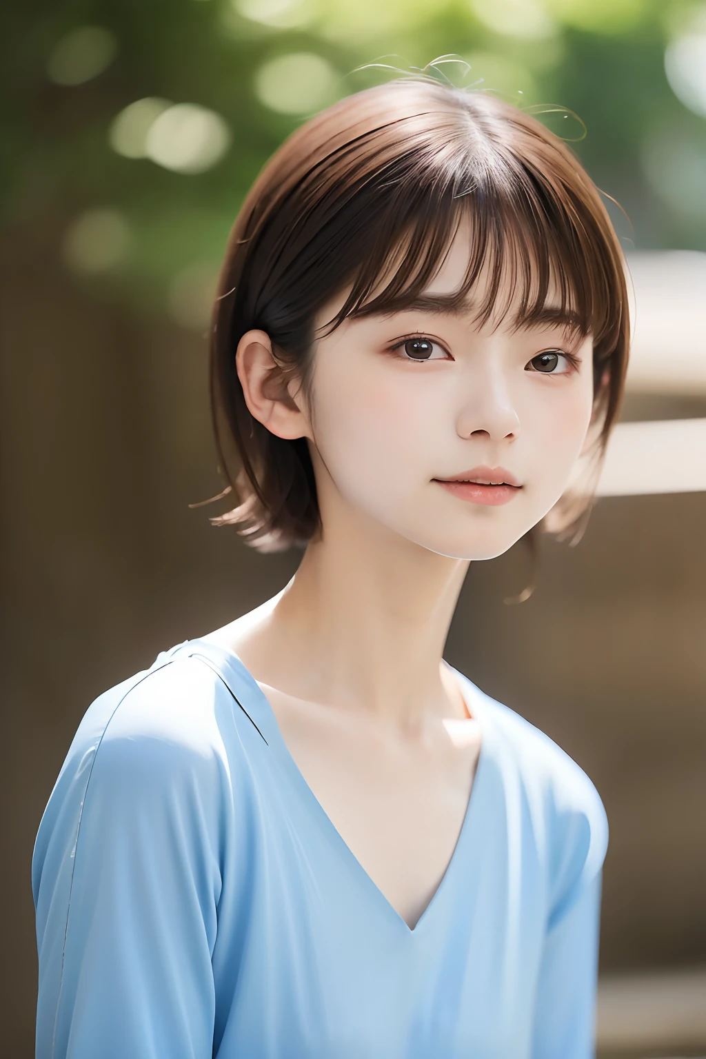 parfect anatomy、top-quality、masuter piece、ultra-detailliert、8ｋ、独奏、、1 girl in、a short bob、V-neck T-shirt、blue、Natural look、Beautiful collarbone、Cute look、(((The background is blurry and you can't see anything:1.3)))