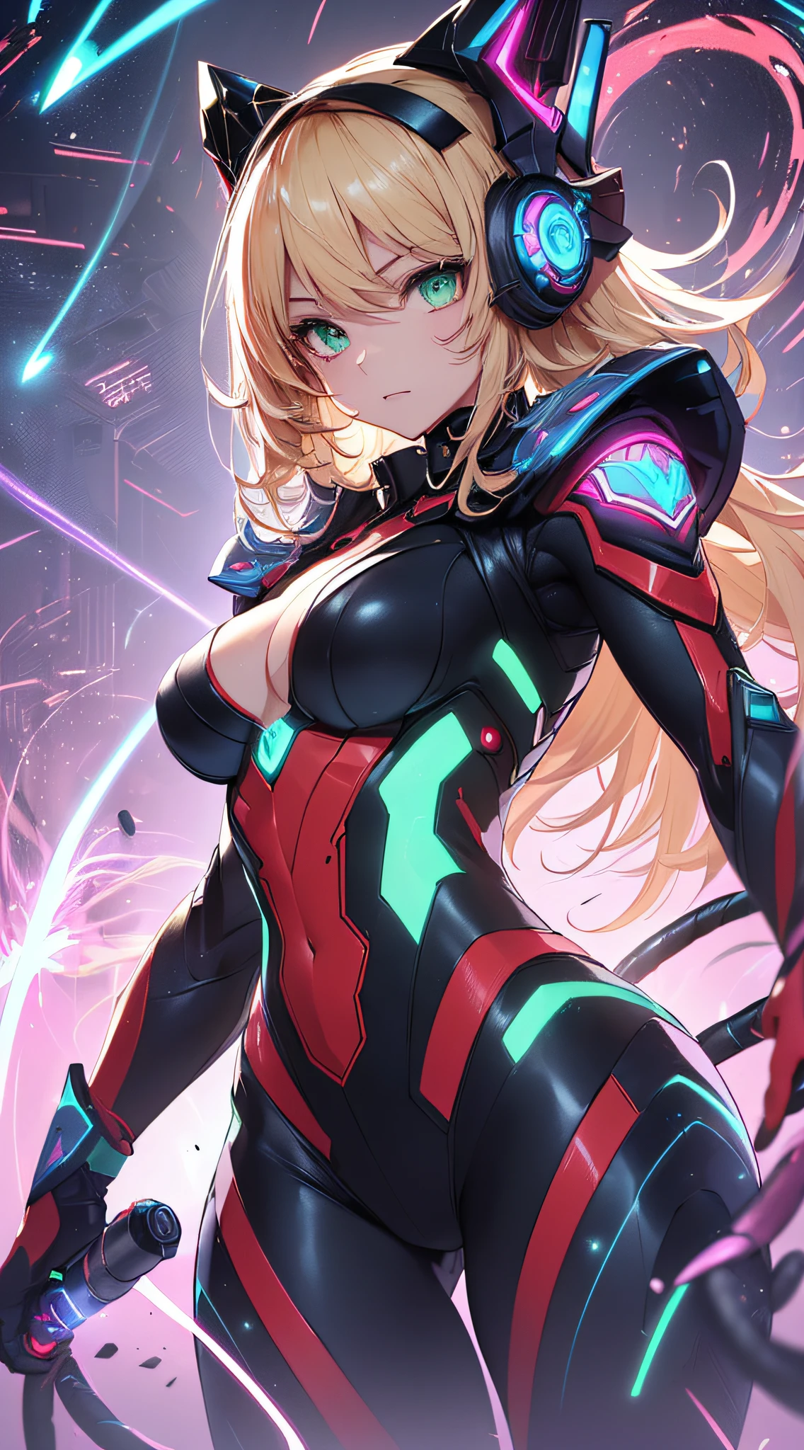 top-quality、Top image quality、​masterpiece、Android Girl((18year old、Red, Black and blue glowing cybersuit、Blue energy source for the chest,Best Bust、Bust 90、Blonde Away Tail、Blue-green eyes、open chest wide、Valley、Happiness、A slender、Warlike face、Stand at the front、Countless cable connections throughout the body、Particles of light、Sharp claw arm,Laser cannon)）hiquality、Beautiful Art、Background with((Blue lighting、Green particles、Red Laser Pointer、Purple swirl,Yellow flash、Pink lightning))、masutepiece、Elaborate design、visualart、Theatrical films