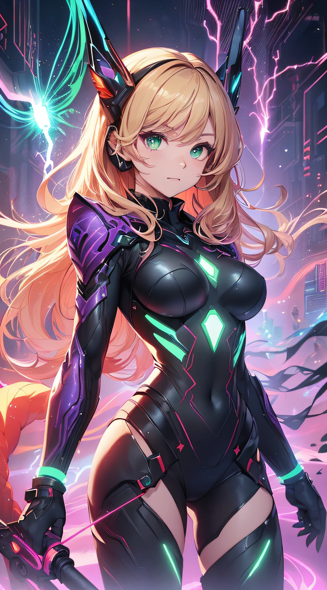 top-quality、Top image quality、masterpiece、Android Girl((18year old、Red, Black and blue glowing cybersuit、Blue energy source for the chest,Best Bust、Bust 90、Blonde Away Tail、Blue-green eyes、open chest wide、Valley、Happiness、A slender、Warlike face、Stand at the front、Countless cable connections throughout the body、Particles of light、Sharp claw arm,Laser cannon))hiquality、Beautiful Art、Background with((Blue lighting、Green particles、Red Laser Pointer、Purple swirl,Yellow flash、Pink lightning))、masutepiece、Elaborate design、visualart、Theatrical films