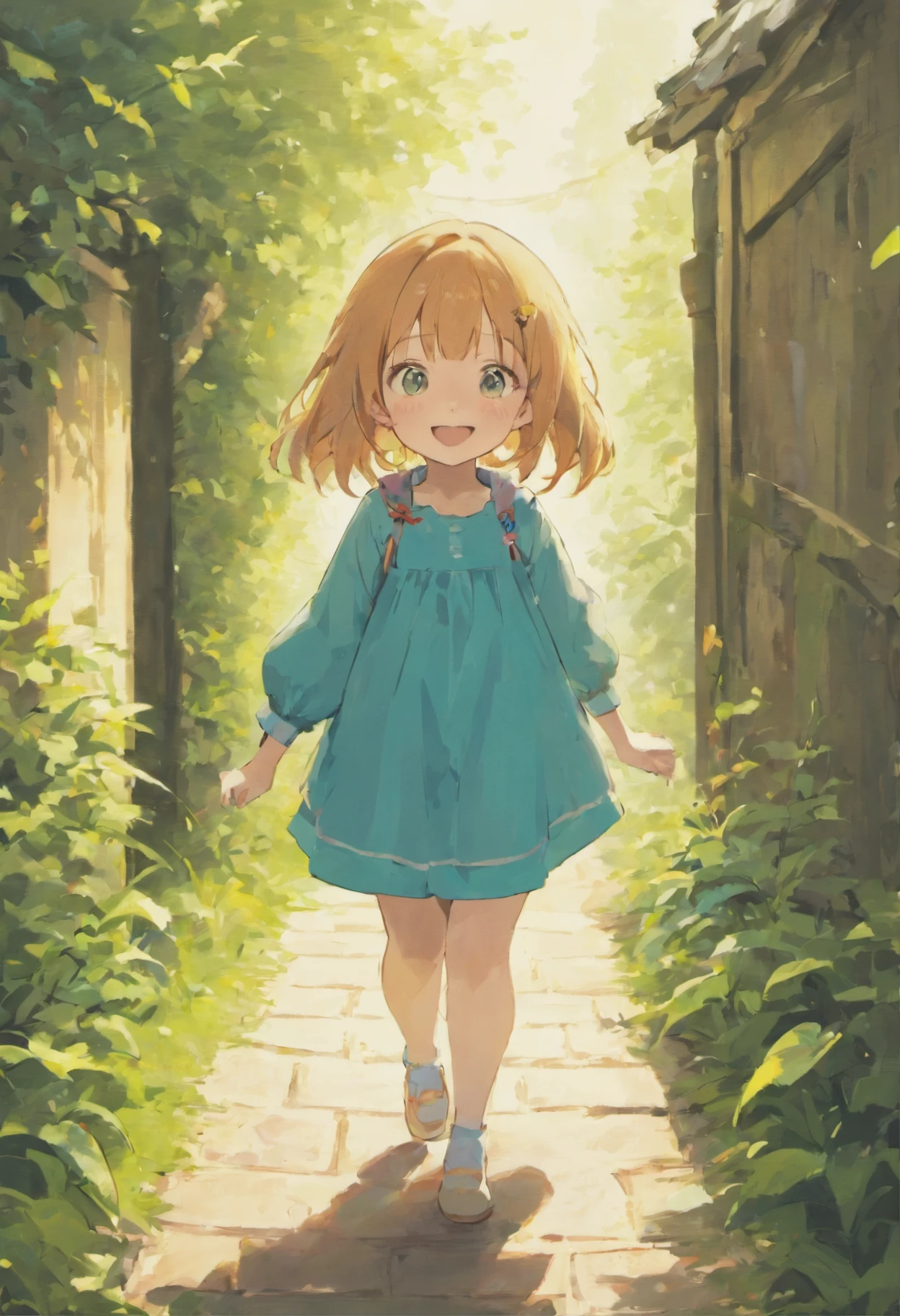5--old l is smiling, walking on the garden path, A round-eyed cat followed.