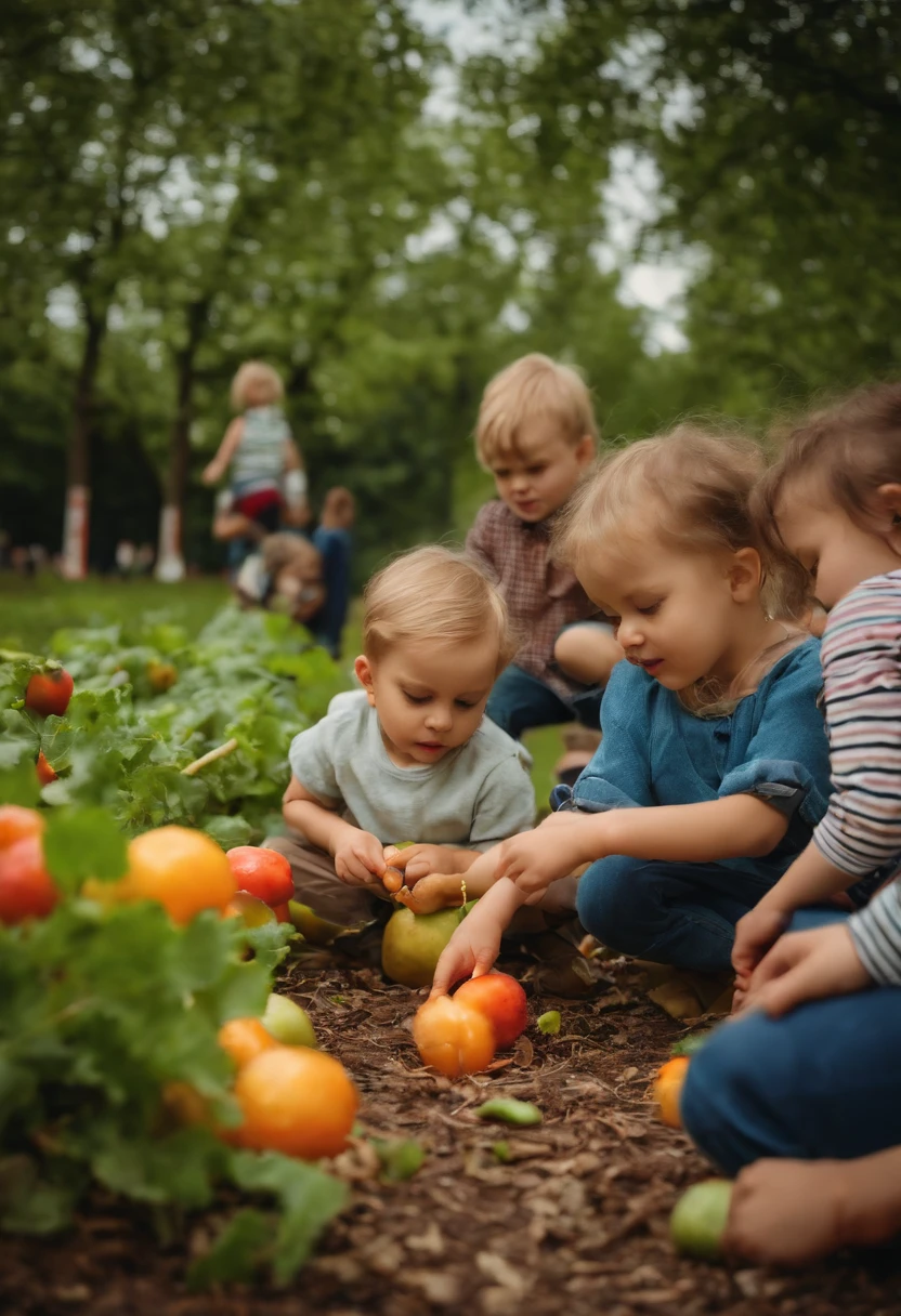 A group of small children playing with turnip-shaped plastic knives in the park,Had a lot of fun