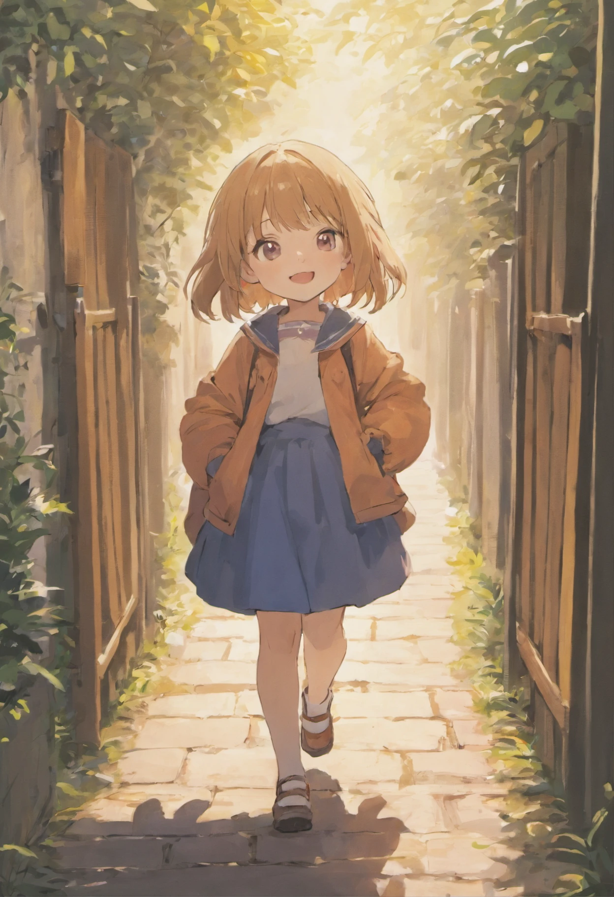 5-year-old girl is smiling, walking on the garden path, A round-eyed cat followed.