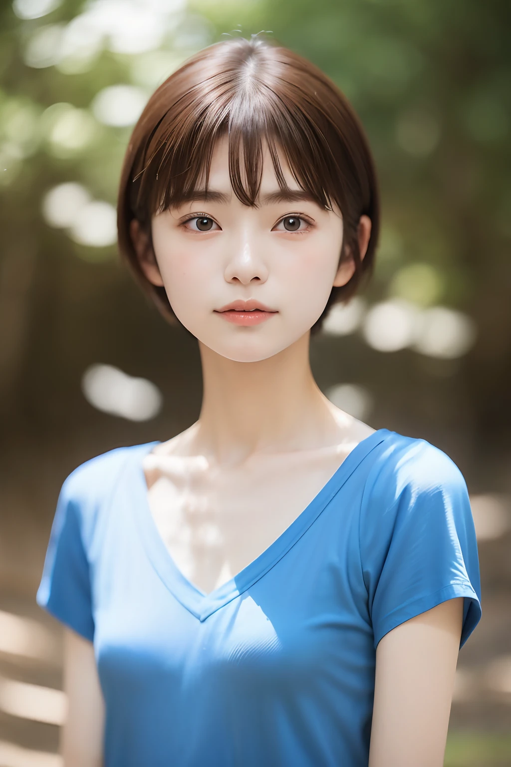 parfect anatomy、top-quality、masuter piece、ultra-detailliert、8ｋ、独奏、**** student、1 girl in、a short bob、V-neck T-shirt、blue、Natural look、Beautiful collarbone、Cute look、(((The background is blurry and you can't see anything:1.3)))