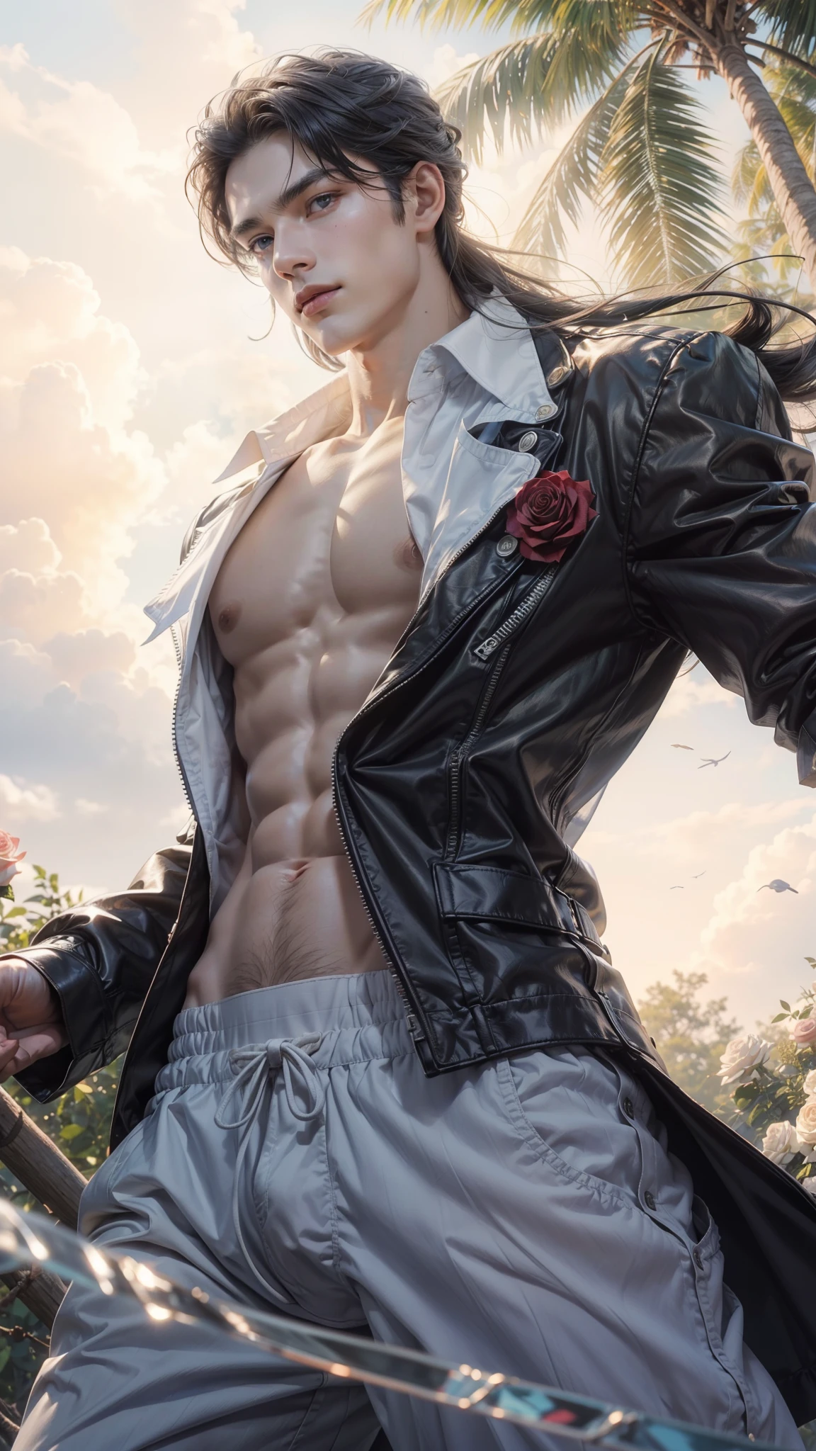 (max resolution: 1.2), (Ultra HDTV: 1.2), 8K resolution, Eye and skin details, face details, , (Sharp focus: 1.2), (Precise focus) sharp face: 1.2), (((Boy))), Standing, Long hair, Black hair, Shirtless, Exposed pecs, Six pack abs, transparent white briefs, Summer, Ocean water, Blue sky , Sunny, White Clouds, Sunlight, Trees, Grass, Roses, Coconut Trees, transparent shirt