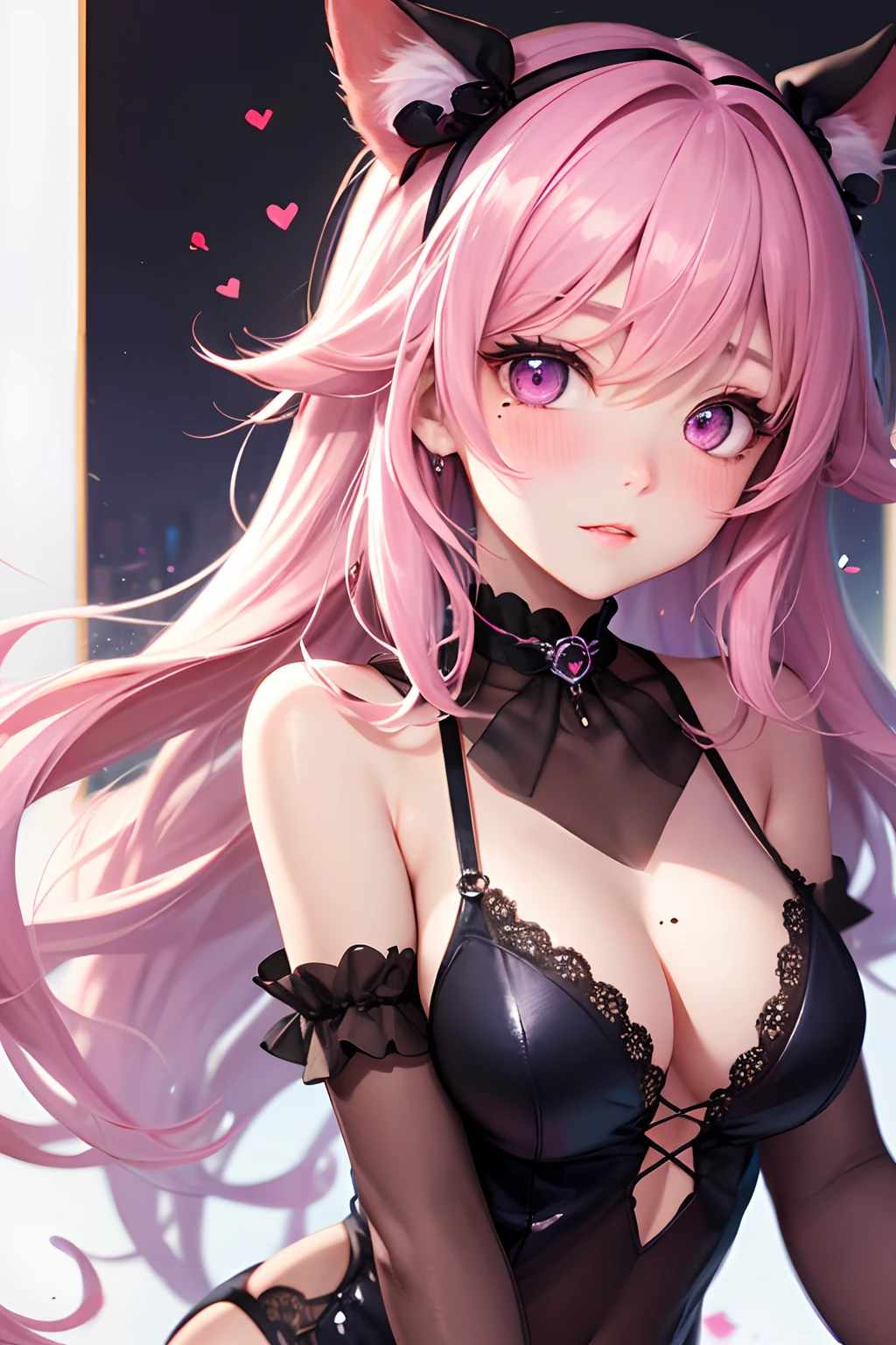 striated hair,Pink twin-tailed hair, Mole under the eyes, mole under mouth, Heart-shaped pupil, longeyelashes, Pink eyes, Heart-shaped choker、full body Esbian、gazing at viewer、Shy, blush, nose blush,Anime style, Color Field Painting, Ray tracing, bloom, One-person viewpoint, nffsw, awardwinning, 16 K, Best Quality, high details, High quality, masutepiece, hight resolution, ccurate, Super Detail、Halloween Costumes