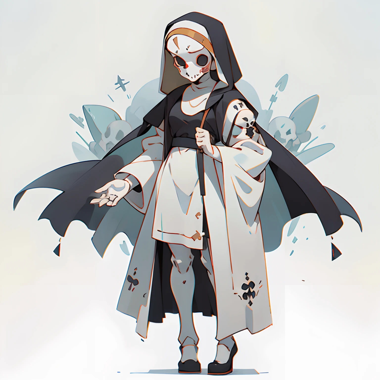 masutepiece, sophisticated details, Best Quality, 4K, 超A high resolution, High resolution, Ultra HD, ((Full body shot)), No background, White background, Praying Nun, Female, Skull Woman, Nun, chibi, black costume