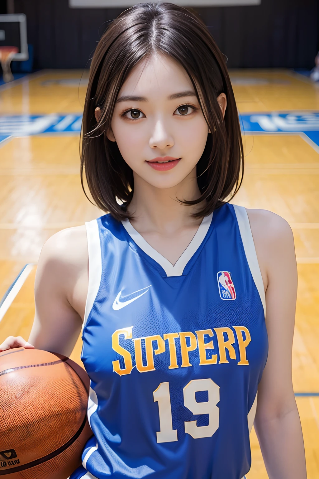 ((top-quality、masterpiece、photographrealistic:1.4、in 8K))、Beautuful Women1a person、25years old、beautiful hairl、delicate and beautiful face、Eyes and faces with detailed 、(basketball court:1.2)、(Detailed nipples:1.2)、(Colossal tits:1.2)、Beautiful lighting、Smile happily、Textured skin、Super Detail、high detailing、High quality、hight resolution、(looking at the viewers)、(Basketball Jersey:1.3)、Detailed mouth、Opening Mouth、bangss、full body Esbian、Detailed nipples、