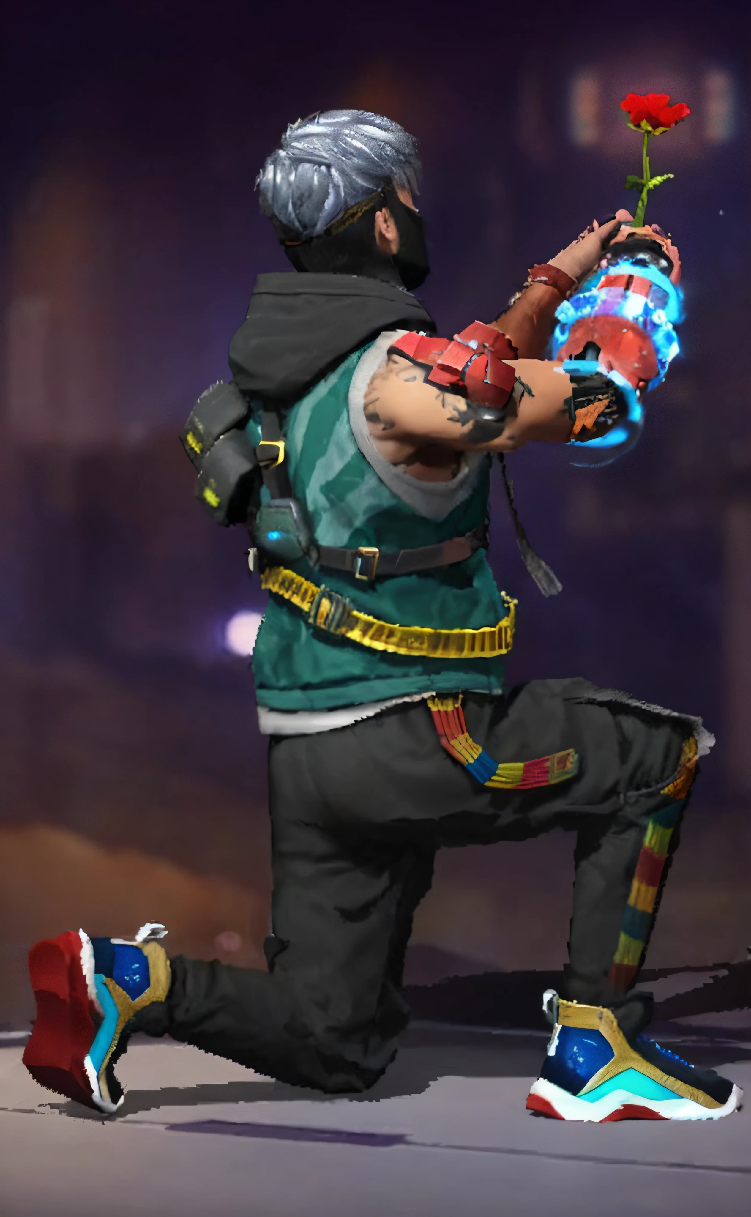 a close up of a person holding a flower in a street, cyberpunk street goon, slick clammy skin, looks like jerma985, chromatic skin, valorant character, communist draven, deep pyro colors, mechanic punk outfit, style of starfinder, mage robe based on a toucan, tane skin, valorant style, male jester, Full HD, 8K Image