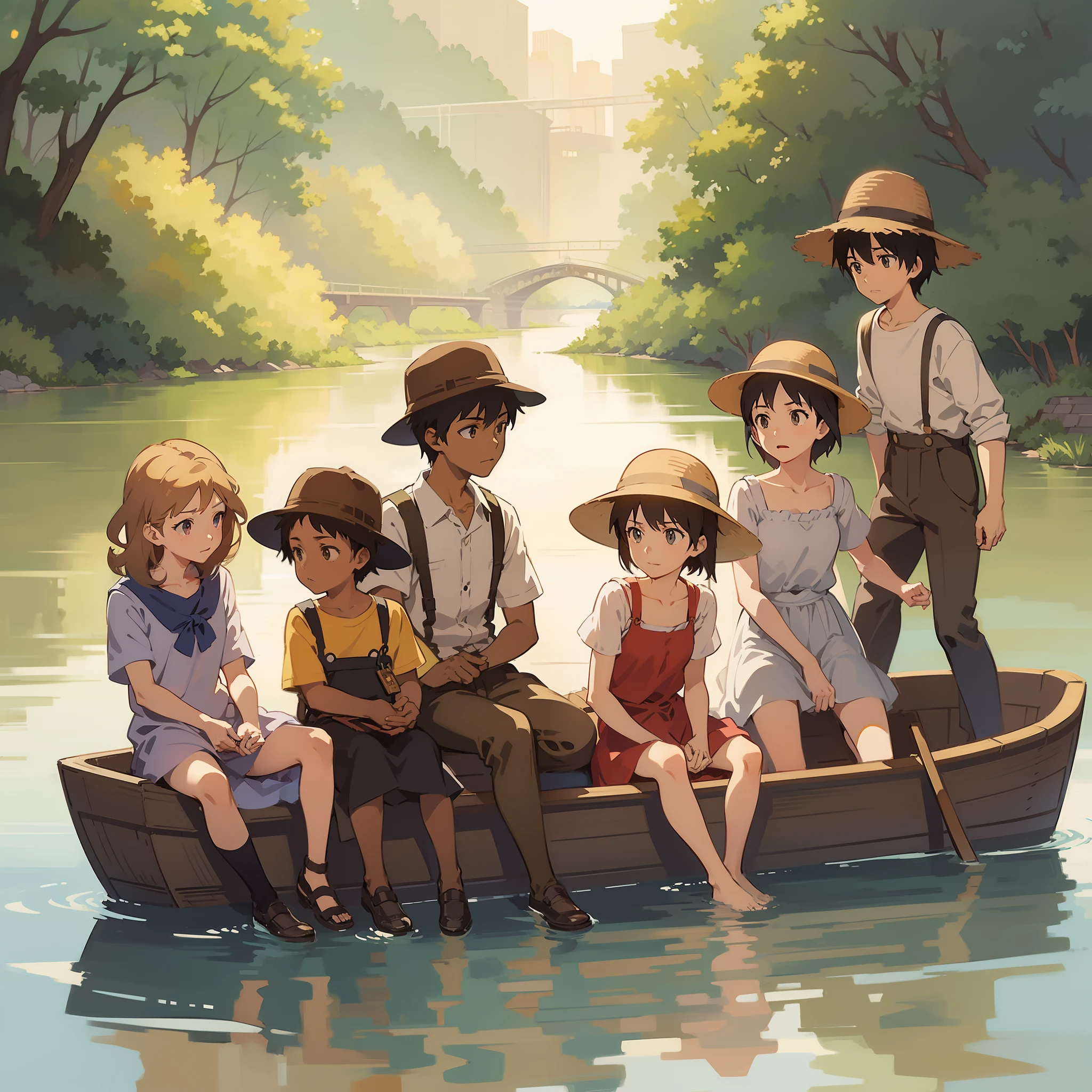 anime children in a boat with a bridge in the background, makoto shinkai!!, makoto shinkai!, inspired by Jessie Newbery, ghibli studio anime style, mokoto shinkai, official fanart, studio ghibli sunlight, style in ghibli anime style, ( ( makoto shinkai ) ), official art, by Miyazaki, ghibli art style