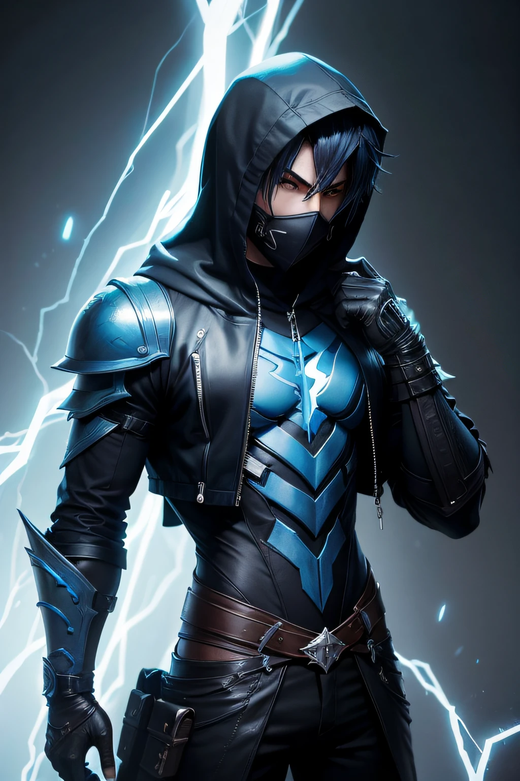 personagem masculino, com capuz, Final Fantasy, Azul Neon, WMASK, cabelos pretos, Raio Negro, Different portions