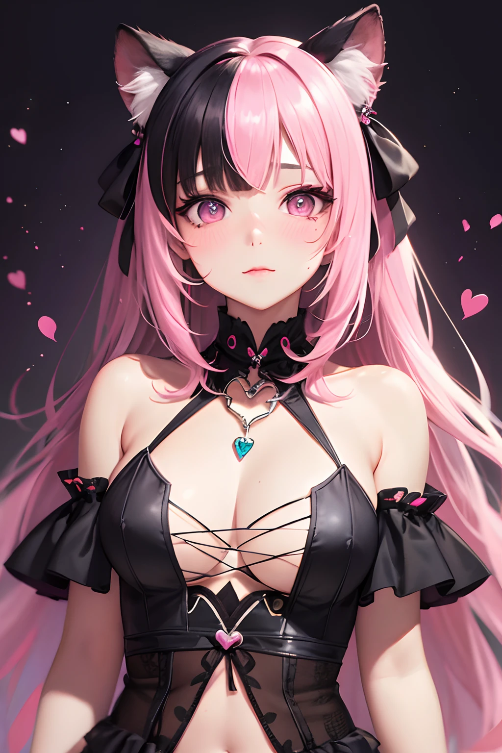 striated hair,Pink twin-tailed hair,   Mole under the eyes, mole under mouth, Heart-shaped pupil, longeyelashes, Pink eyes, Heart-shaped choker、full body Esbian、gazing at viewer、Shy, blush, nose blush,Anime style, Color Field Painting, Ray tracing, bloom, One-person viewpoint, nffsw, awardwinning, 16 K, Best Quality, high details, High quality, masutepiece, hight resolution, ccurate, Super Detail、chee、Halloween Costumes