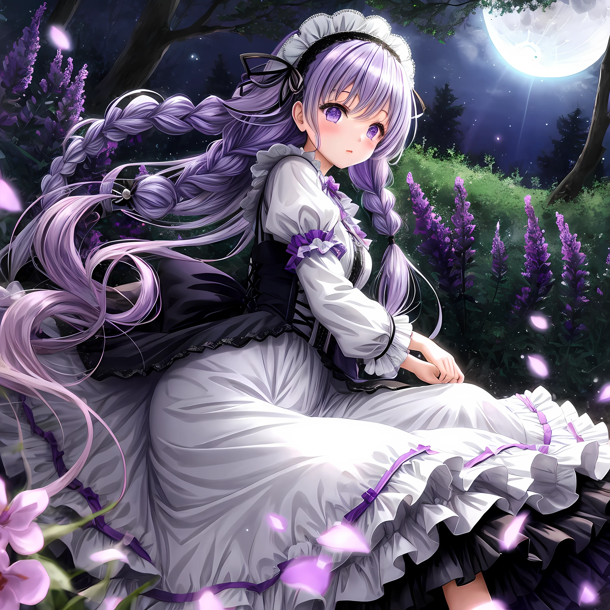 Anime girl: Lavender hair, ankle-length, intricate braided hairstyle, Gothic ta fashion, moonlit forest, ethereal floating pose.