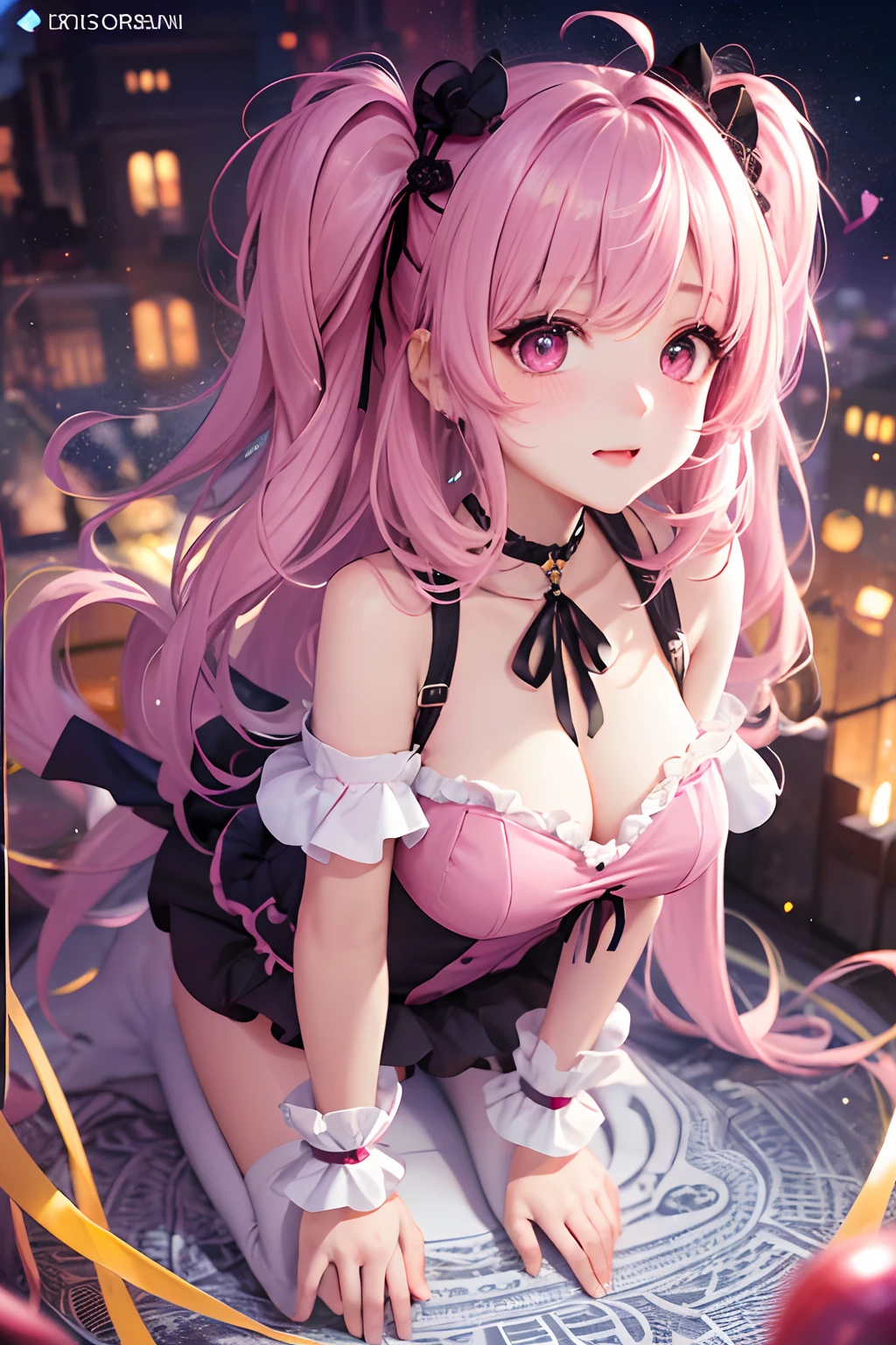 striated hair,Pink twin-tailed hair, Mole under the eyes, mole under mouth, Heart-shaped pupil, longeyelashes, Pink eyes, Heart-shaped choker、full body Esbian、gazing at viewer、Shy, blush, nose blush,Anime style, Color Field Painting, Ray tracing, bloom, One-person viewpoint, nffsw, awardwinning, 16 K, Best Quality, high details, High quality, masutepiece, hight resolution, ccurate, Super Detail、Halloween Costumes
