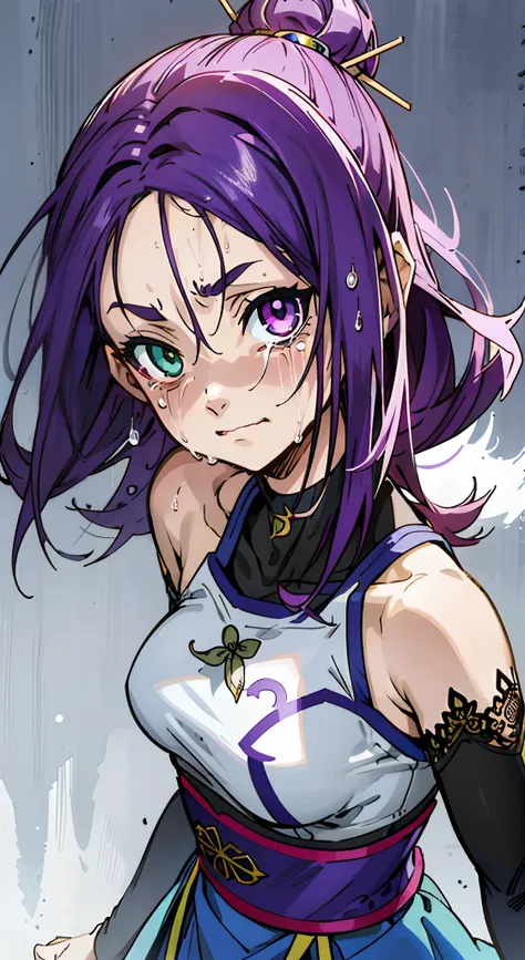 1girl, solo, sharpy face, heterochromia, green eyes, purple eyes, tears, crying face