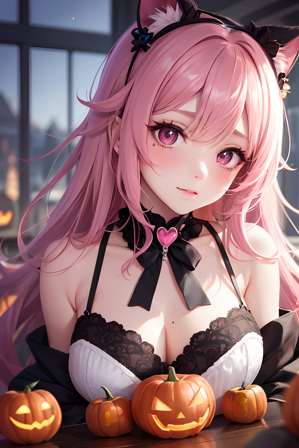 striated hair,Pink twin-tailed hair,   Mole under the eyes, mole under mouth, Heart-shaped pupil, longeyelashes, Pink eyes, Heart-shaped choker、full body Esbian、gazing at viewer、Shy, blush, nose blush,Anime style, Color Field Painting, Ray tracing, bloom, One-person viewpoint, nffsw, awardwinning, 16 K, Best Quality, high details, High quality, masutepiece, hight resolution, ccurate, Super Detail、Halloween Costumes