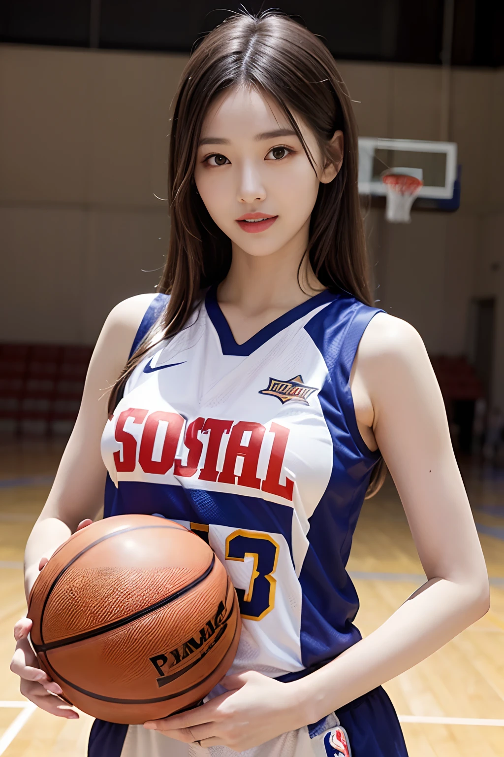 ((top-quality、​masterpiece、photographrealistic:1.4、in 8K))、Beautuful Women１a person、２5years old、beautiful hairl、delicate and beautiful face、Eyes and faces with detailed 、(Basketball court:1.2)、(Detailed nipples:1.2)、(Colossal tits:1.2)、Beautiful lighting、Smile happily、Textured skin、Super Detail、high detailing、High quality、hight resolution、（looking at the viewers）、(Basketball Jersey:1.3)、Detailed mouth、Opening Mouth、bangss、full body Esbian、Detailed nipples、