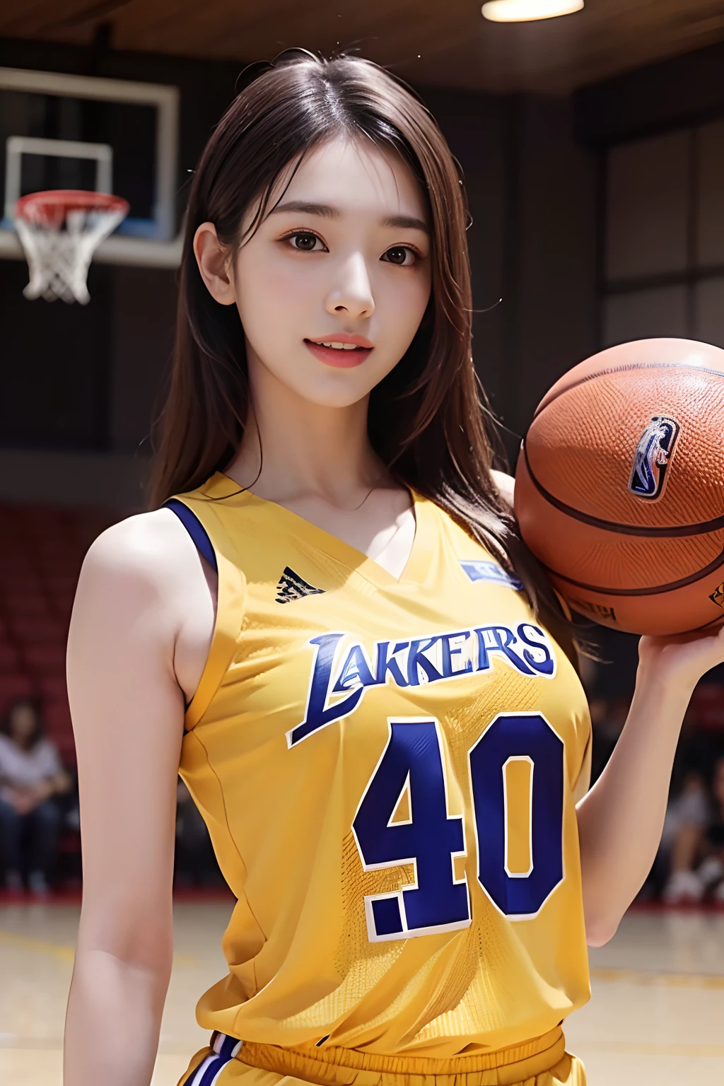 ((top-quality、​masterpiece、photographrealistic:1.4、in 8K))、Beautuful Women１a person、２5years old、beautiful hairl、delicate and beautiful face、Eyes and faces with detailed 、(Basketball court:1.2)、(Detailed nipples:1.2)、(Colossal tits:1.2)、Beautiful lighting、Smile happily、Textured skin、Super Detail、high detailing、High quality、hight resolution、（looking at the viewers）、(Basketball Jersey:1.3)、Detailed mouth、Opening Mouth、bangss、full body Esbian、Detailed nipples、